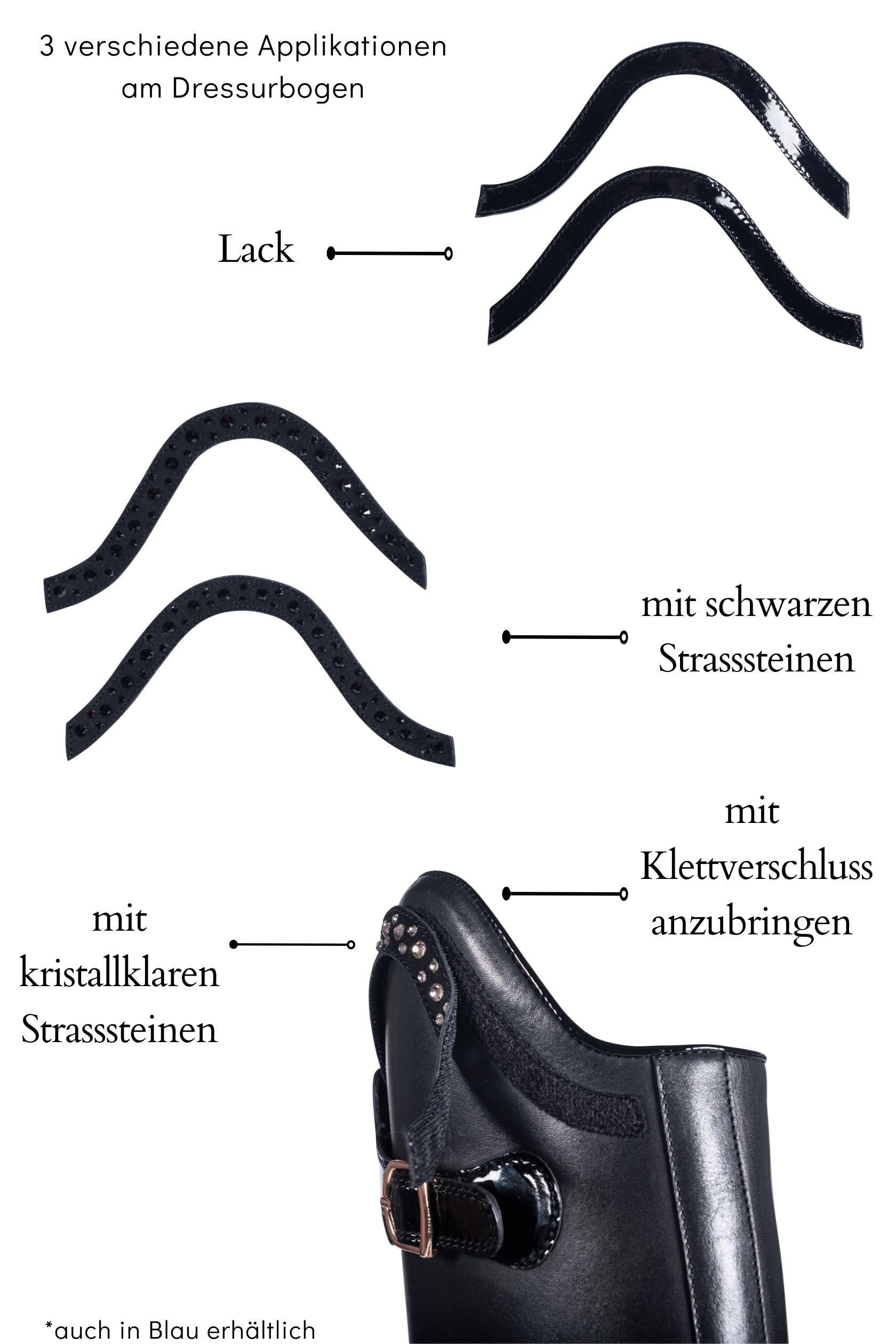 HKM Reitstiefel Trinity Herren | Standardlänge & Weite | Anpassbarer Dressurbogen | Glitzer-Applikationen | Poloschnalle Rosegold | Schwarz/Dunkelblau, Größe 36-44