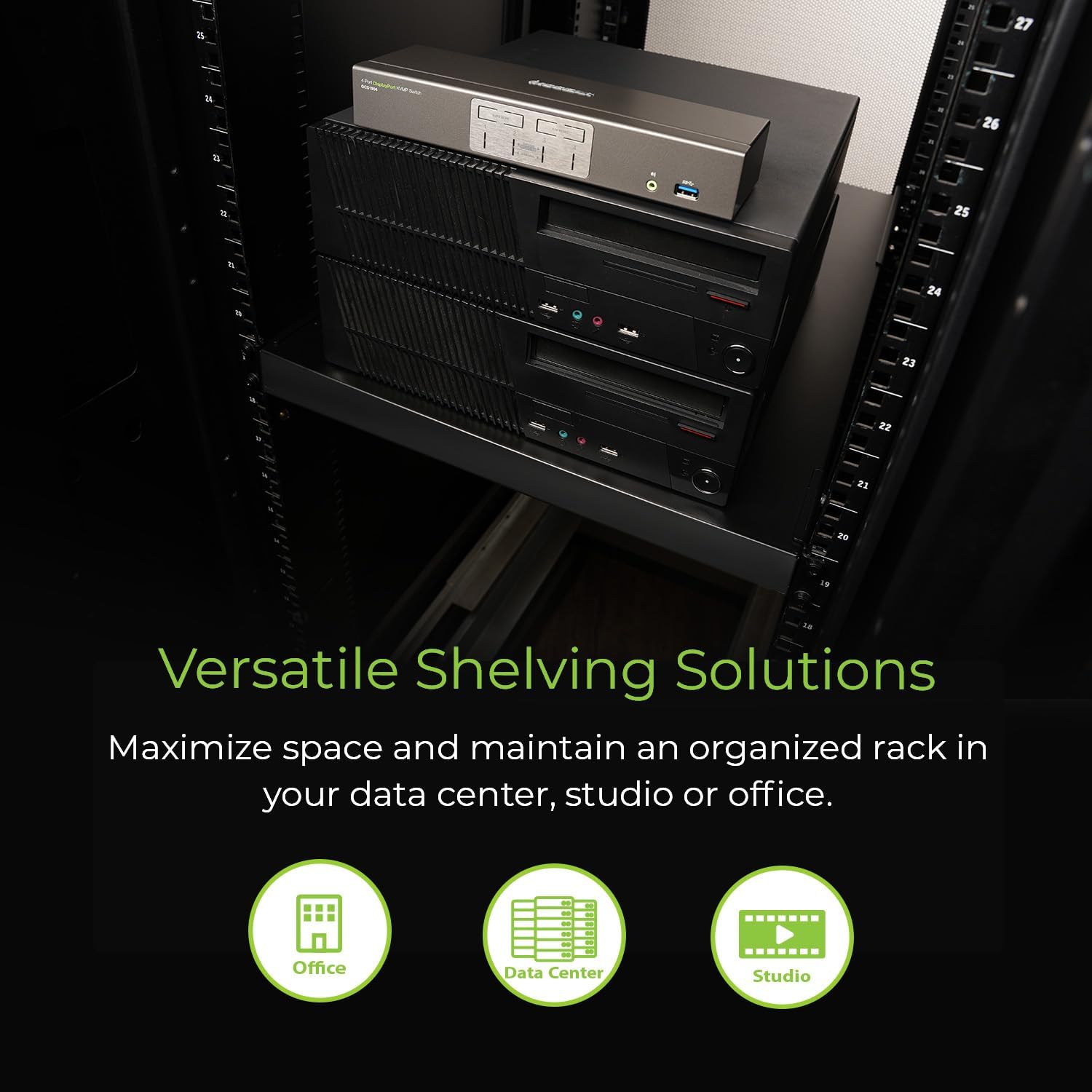 IOGEAR 1U Adjustable Depth Fixed Server Rack Shelf – Heavy Duty Steel, 330 lb Capacity, 19.5–38.3" Depth, Solid 27.5" Shelf (GRSH02)