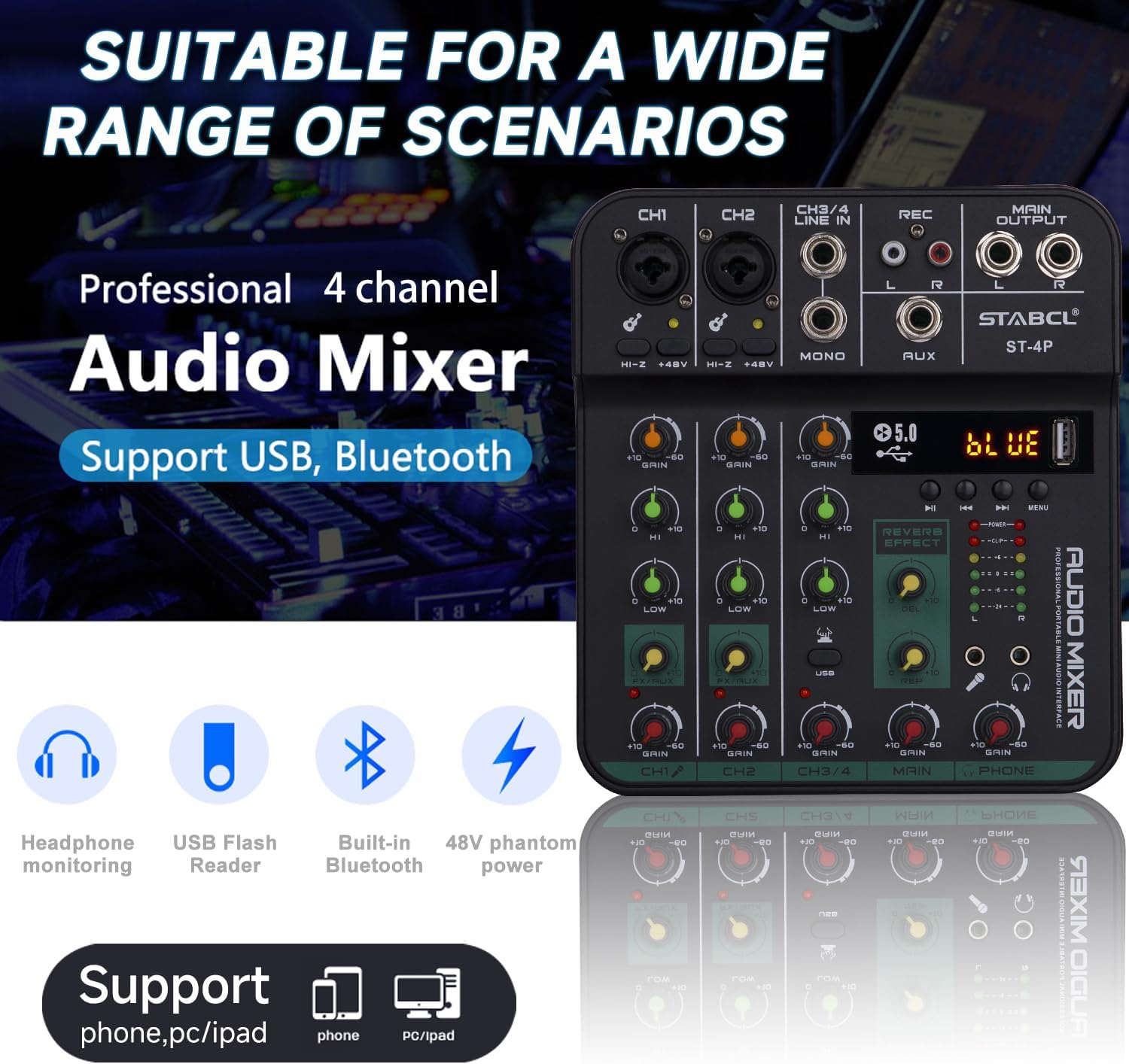 4 Channel Audio Mixer Board, Sound Board Mixing Console with Digital USB Bluetooth 48V Phantom Power and Echo, Small Sound Mixer Interface for Pc, DJ Mixer for Podcasting