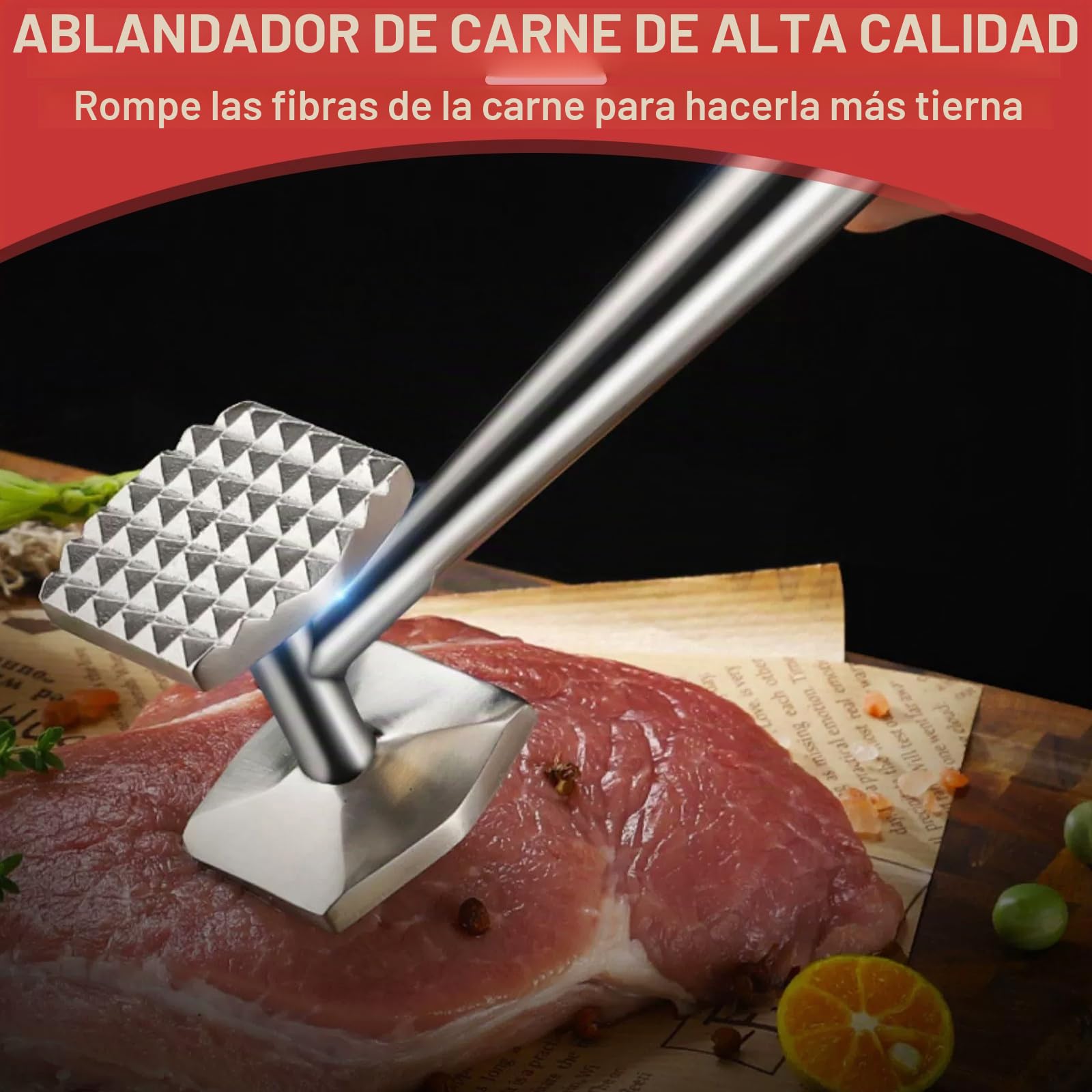 AKOLAFE Martillo Carne de Acero Inoxidable 304, Ablandador de Carne Doble Cara con Lado Liso y Texturizado, Mango Hueco 26 x 5 x 6,3 cm para Bistec, Pollo y Ternera