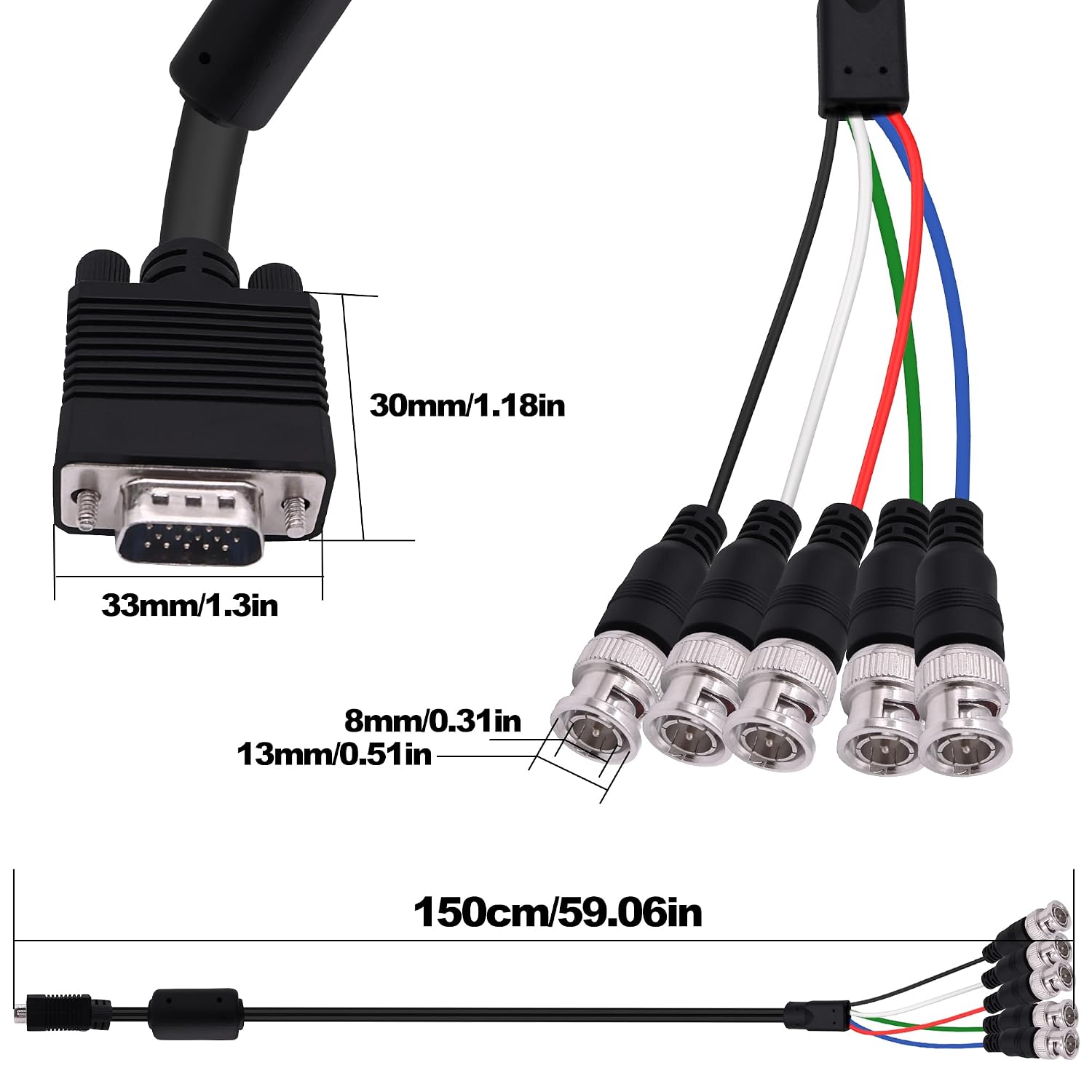 VGA to BNC Adapter Cable HD15 VGA to 5 BNC Male to Male RGBHV Coaxial Monitor Breakout Wire for HDTV PC Projector Large Screen Video Conversion Cable -1.5M
