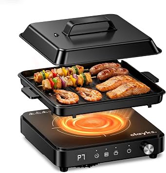 Induction Cooktop, Portable Induction Cooktop with Removable Grill Pan and Pot, 1500W Hot Plate Single Burner with 8 Power Levels, Adjustable Temp Control, 99 Min Timer