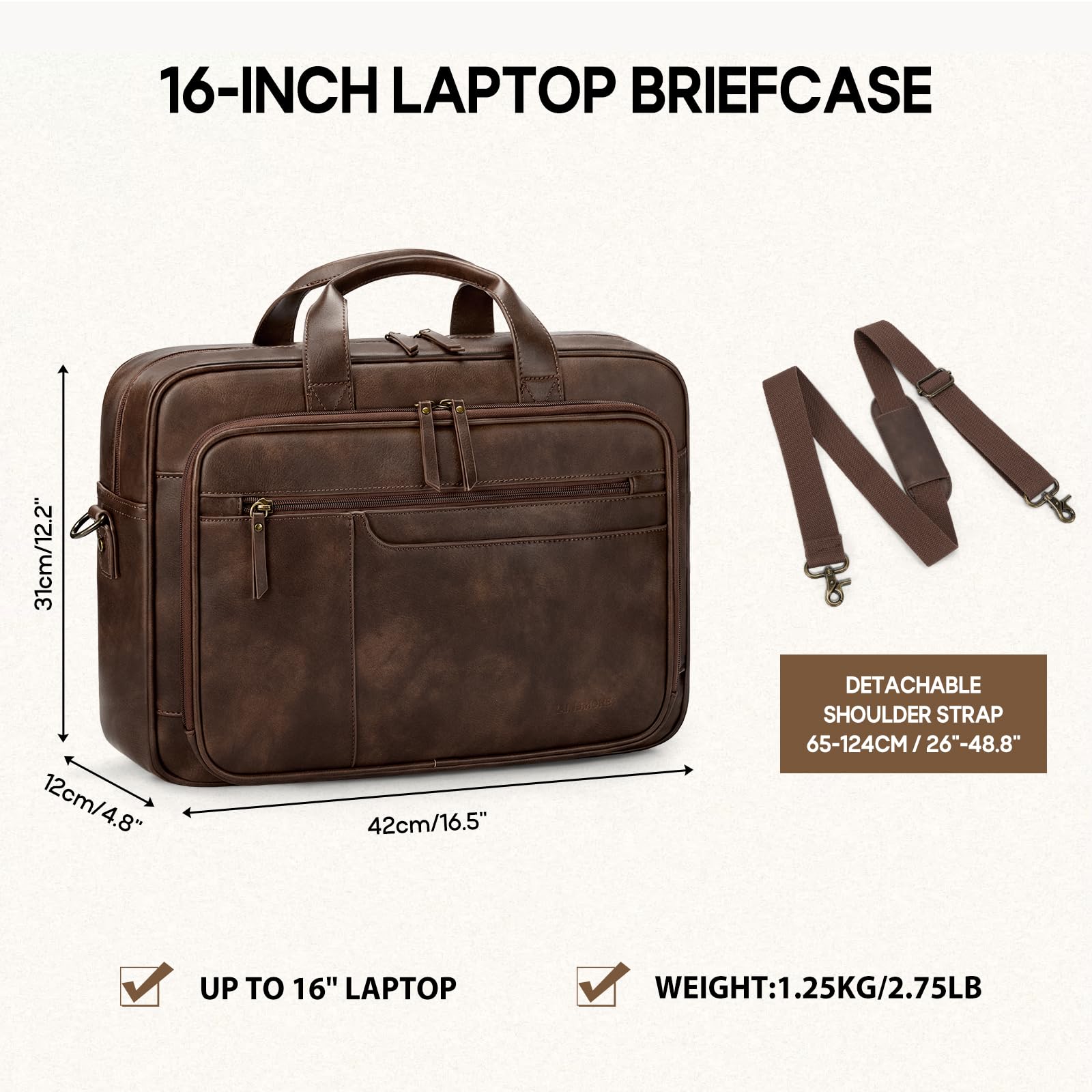 RAINSMORE Aktentasche Herren Vintage PU Leder 16 Zoll Laptoptasche | Arbeitstasche, Wasserdicht Ledertasche, Messenger Bag, Effiziente Organisation, Vielseitig für Büro, Uni, Geschäftsreisen