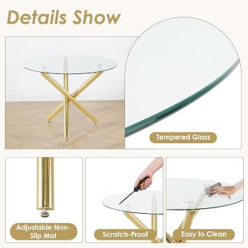 Small Round Clear Glass Top Dining Set for 2, 36'' Modern Luxury Circle Dinner Room Set, 3 PCS Minimalist Circular Kitchen Table Set, Beige High-end Tufted Chairs, for Home Apartment (Golden)