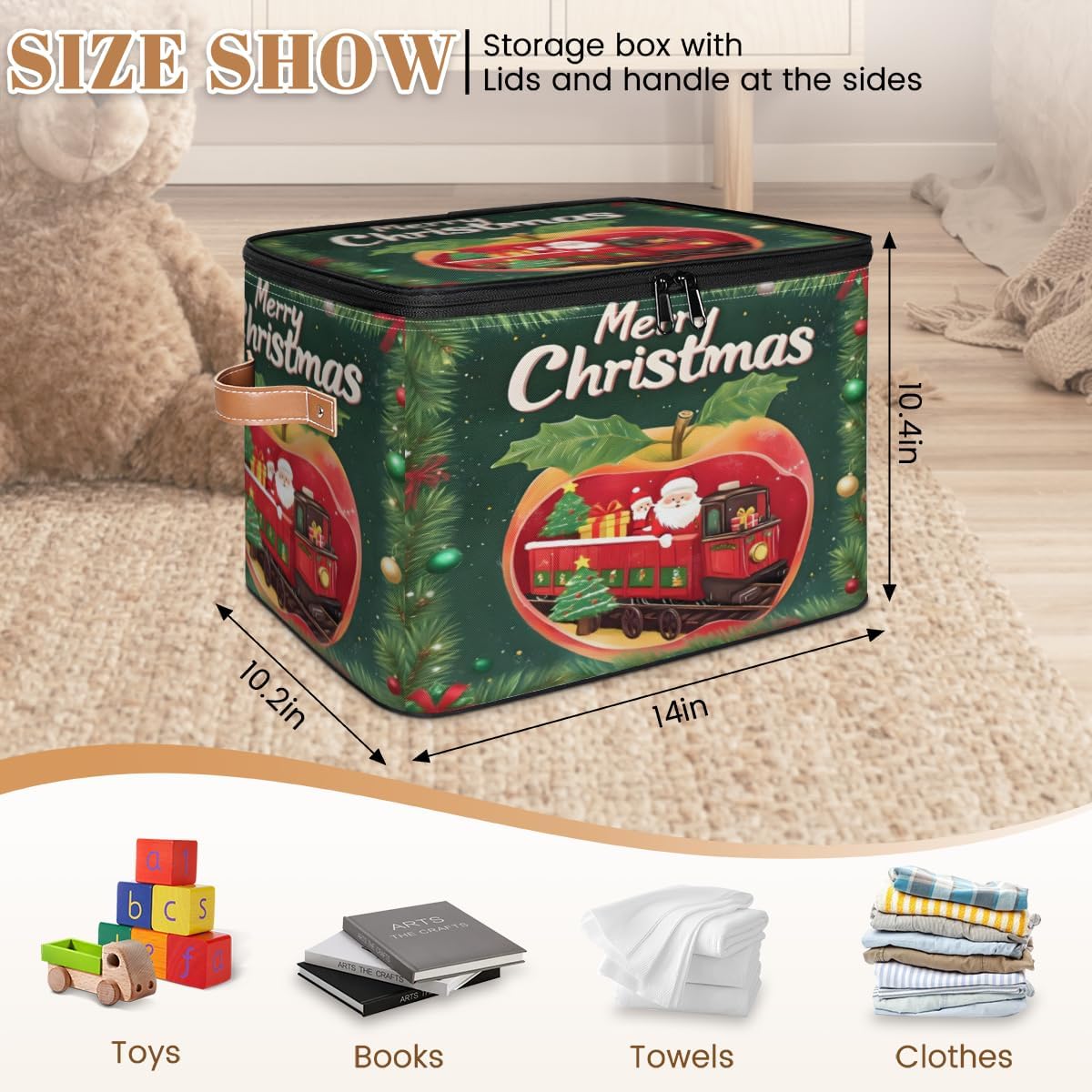 Storage Bin Set of 2 Christmas Santa Apples Storage Basket with Zipper Lid & Handle Foldable Closet Shelf 2 Pack Cloth Organizer Basket Cube Bins for Bedroom, Nursery