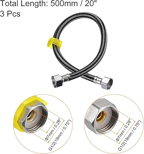 Miniatura 2 de uxcell Conector de línea de suministro de grifo, 3 piezas G12 hembra x G12 hembra de 20 pulgadas de largo trenzado 304 manguera de suministro de