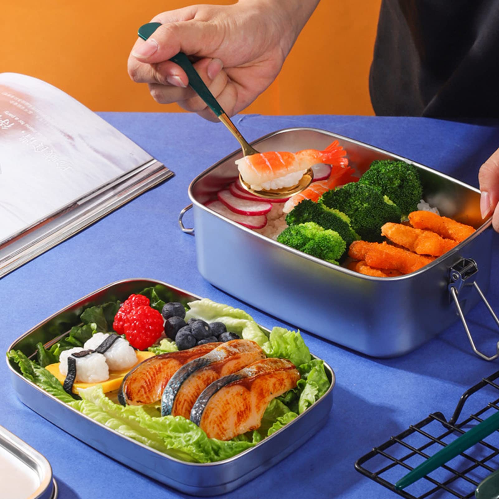 Doppellagige tragbare Edelstahlbox für Schule, Büro oder Arbeit - Ideal für Frühstücksbrötchen, Nudeln, Nüsse und Snacks - Praktische Aufbewahrung für gekochte Mahlzeiten - Geeignet für Kinder und