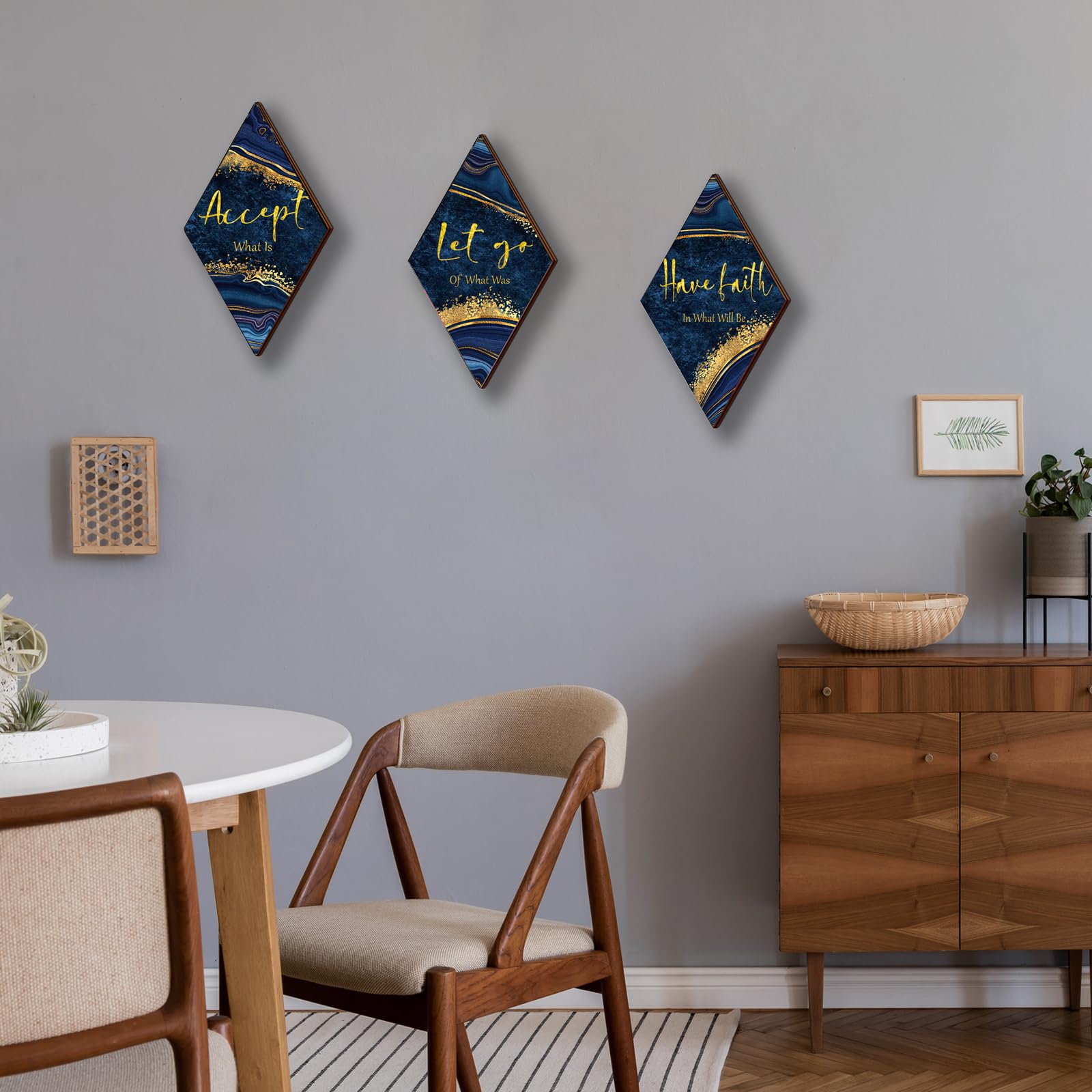 3 piezas de decoración de baño azul y dorado, decoración de pared dorada con cita de Accept Let Go Have Faith rústica vintage para mujer, hogar, lavandería, sala de estar, dormitorio (12 x 7) 7
