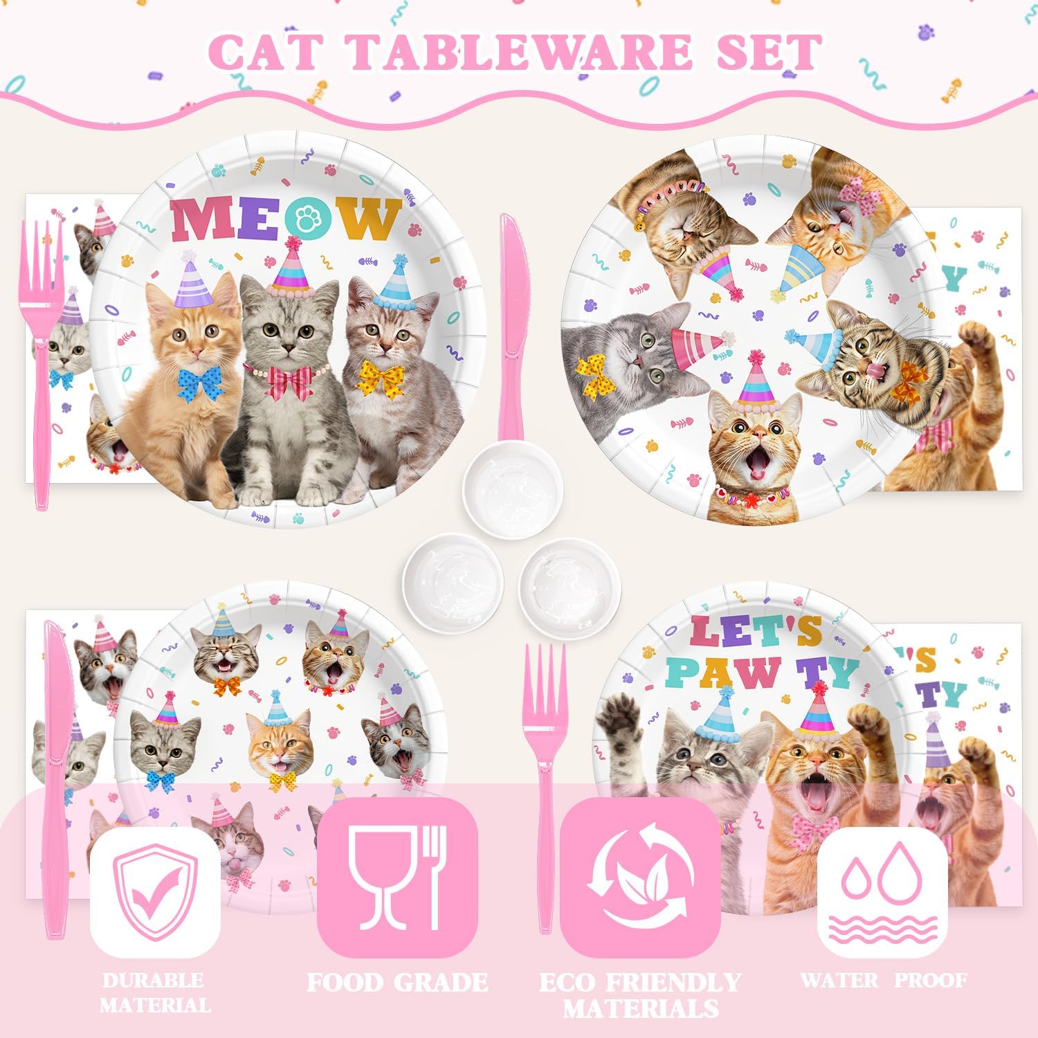 192 Pcs Cat Birthday Paper Plates Tableware Set (Serves 24), Cat Birthday Party Supplies Include Banner Plates Napkins Cups Forks Knives Tablecloth Topper Balloons For Party Supplies
