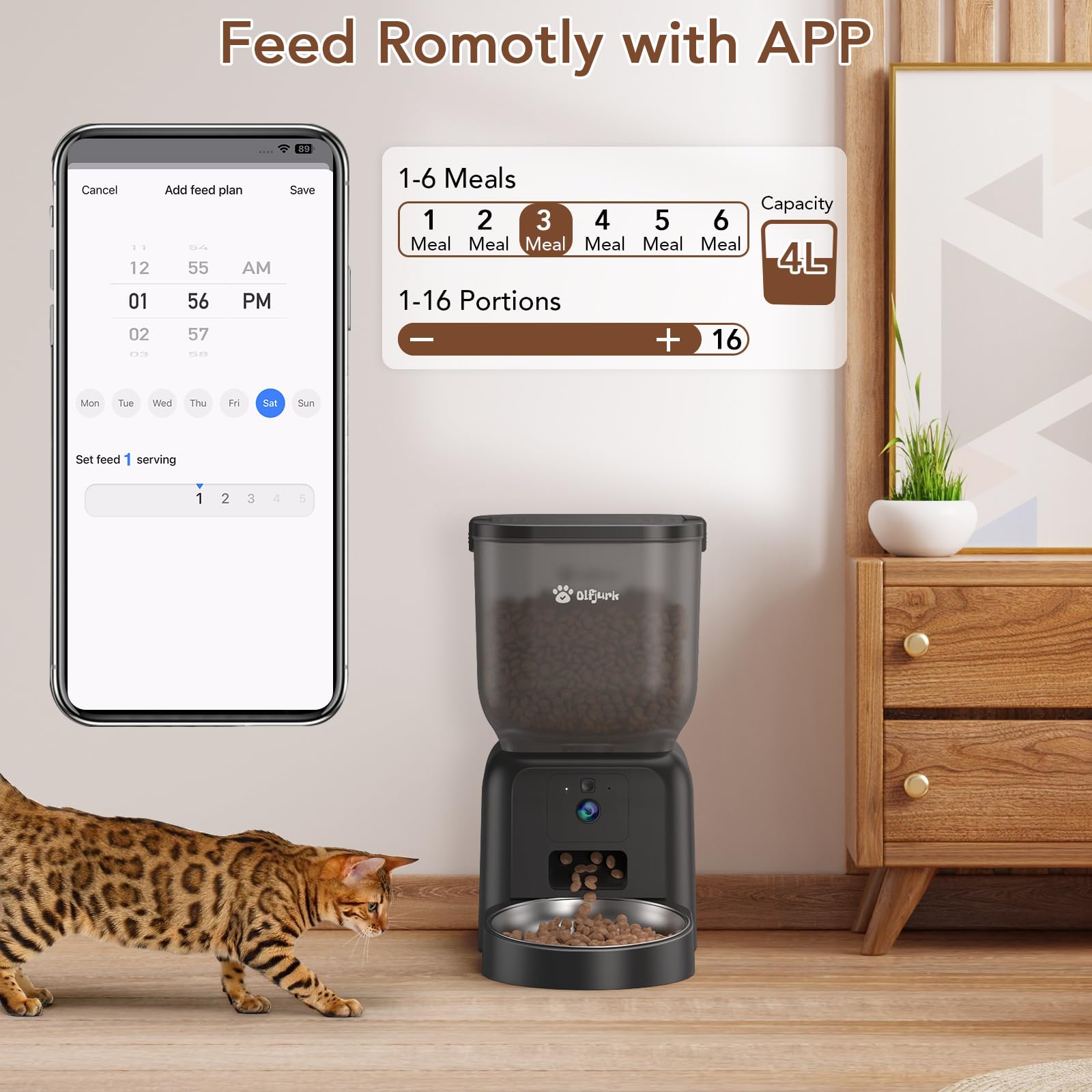 Automatic Dog & Cat Feeder,APP Controlled with Freshness Preservation, 4L Timed Cat Feeder with Timer Programmable, HD Camera for Voice and Video Recording (Black - image 6