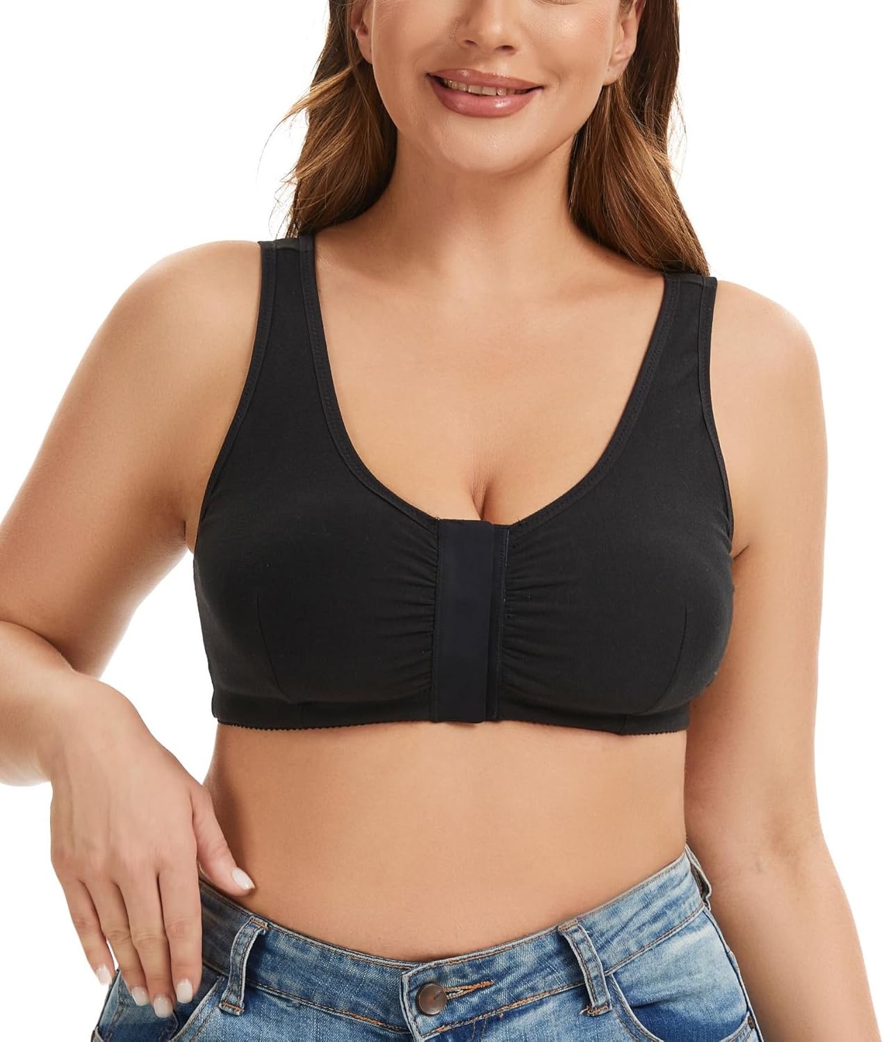 Magnetic Front Closure Cotton Adaptive Bra with Inside Pockets - Easy On Front Closure Mastectomy Bra
