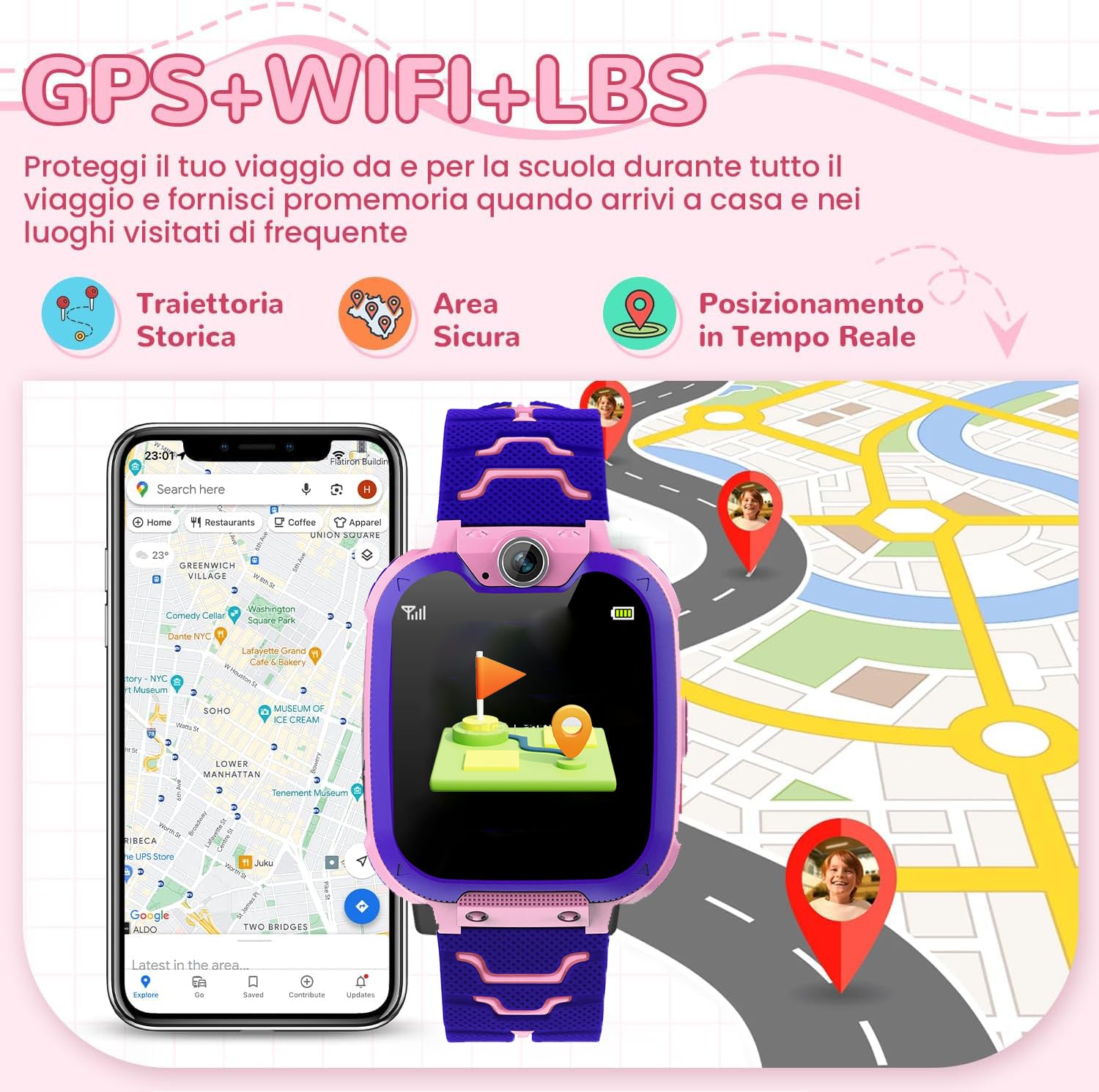 JUMWING Smartwatch per Bambini,Orologio Smartwatch con Chiamata SOS, Fotocamere, Musicale, Torcia, Sveglia, Giocattoli educativi, Regalo per Ragazzi e Ragazze (Rosa)