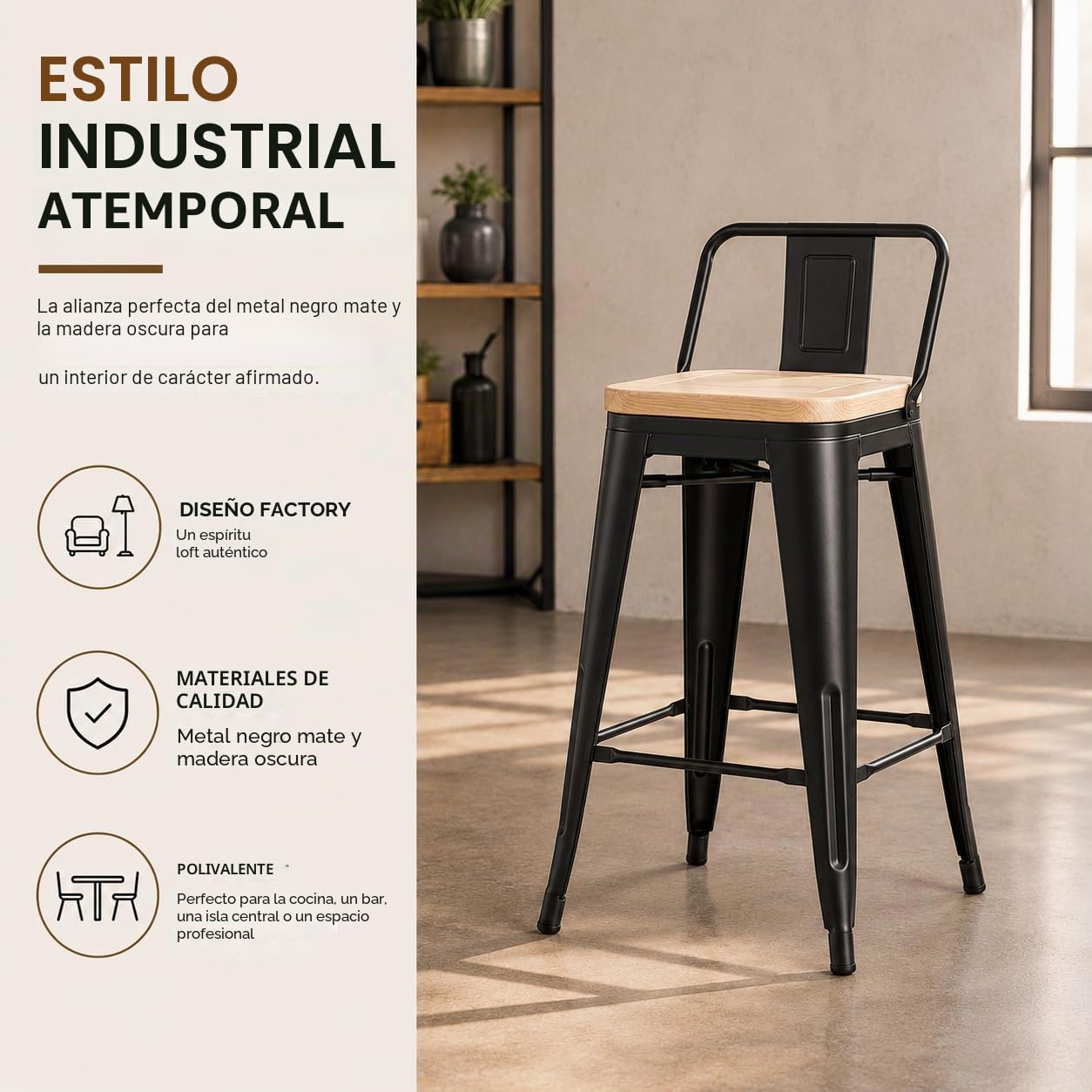 Kosmi - Juego de 4 sillas de Bar, taburetes Grandes de Estilo Industrial con Respaldo pequeño de Metal Negro Mate y Asiento de Madera Natural Clara, Altura del Asiento 76cm