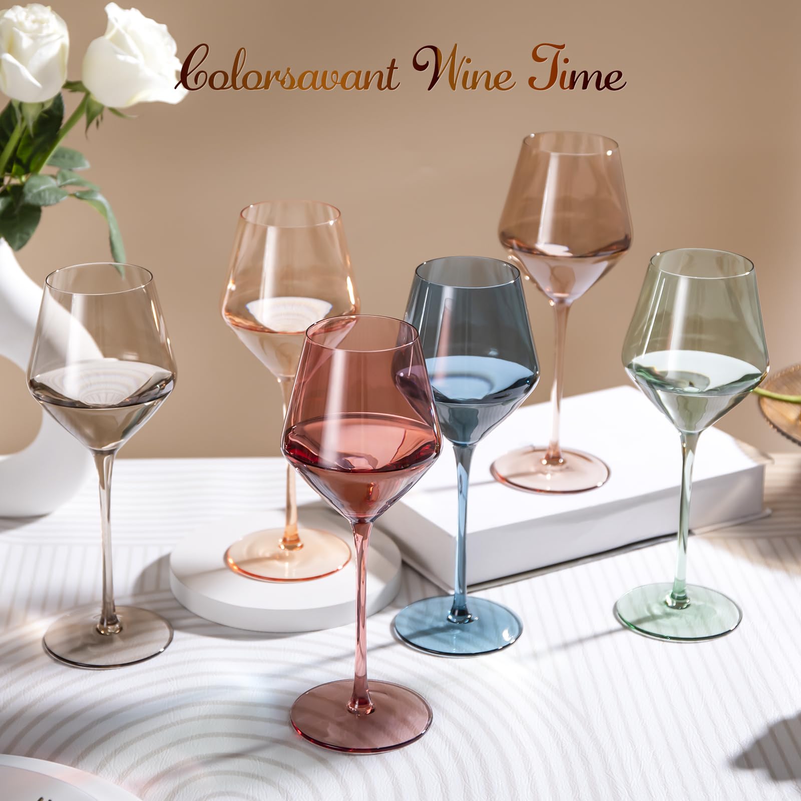 Juego de copas de vino de colores de 6 a 16 onzas, copas de vino coloridas con tallo, sopladas a mano, juego de copas de vino silenciadas, regalos de vino para el día de la madre