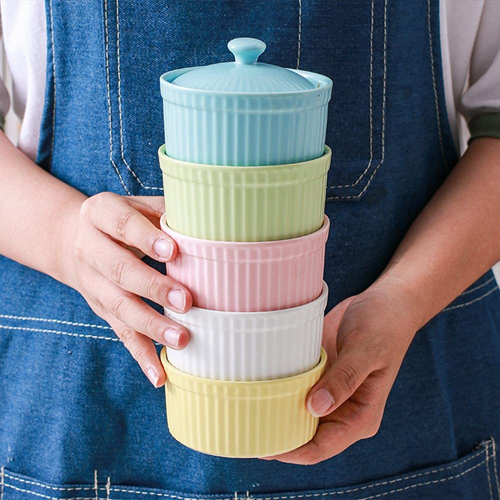 Meltset - Ramequines de 4 onzas con tapas, cuencos de cerámica aptos para horno, platos de porcelana para hornear soufflé, crema brulee, pastel de lava, postres de helado, aperitivos (juego de 5,