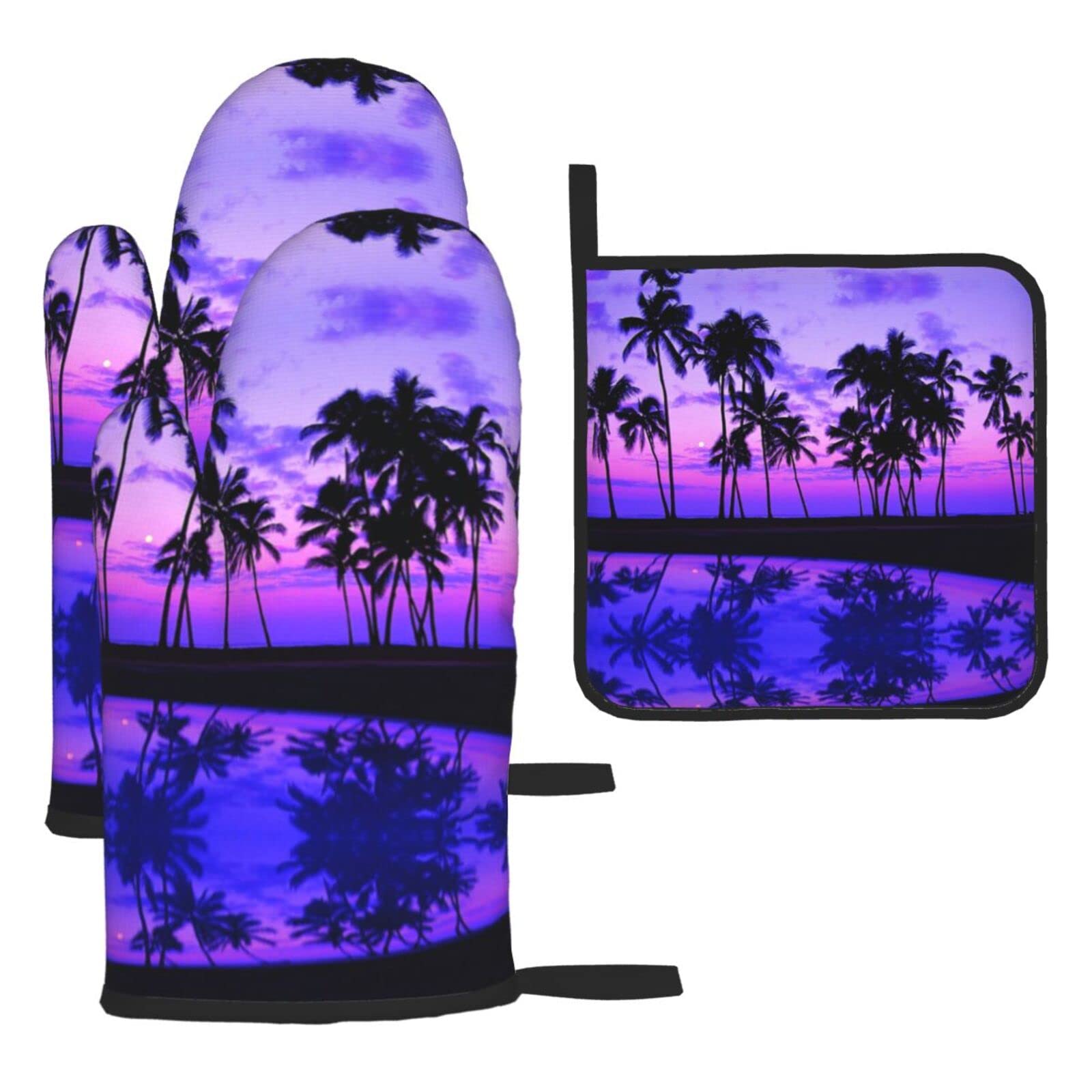 Palm Tree Purple Sunset Oven Mitts and Pot Holder Kitchen Set for Grilling, Cooking, Baking, Heat Resistant