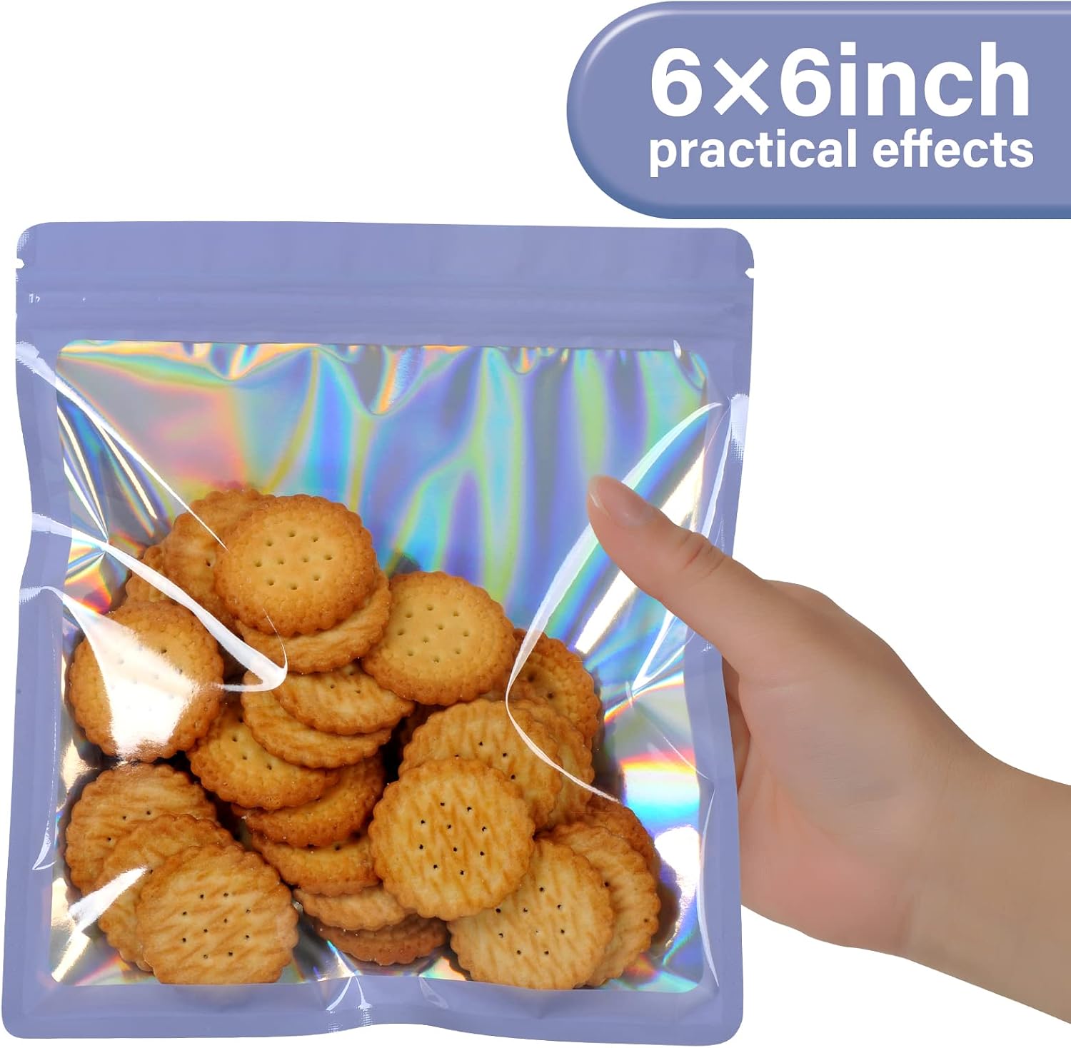 EONJOE 100-pack 6×6 inch mylar bags with clear window holographic resealable sealable packaging zip bag for small bussiness jewelry candy sample food packing supplies （Purple） image 3