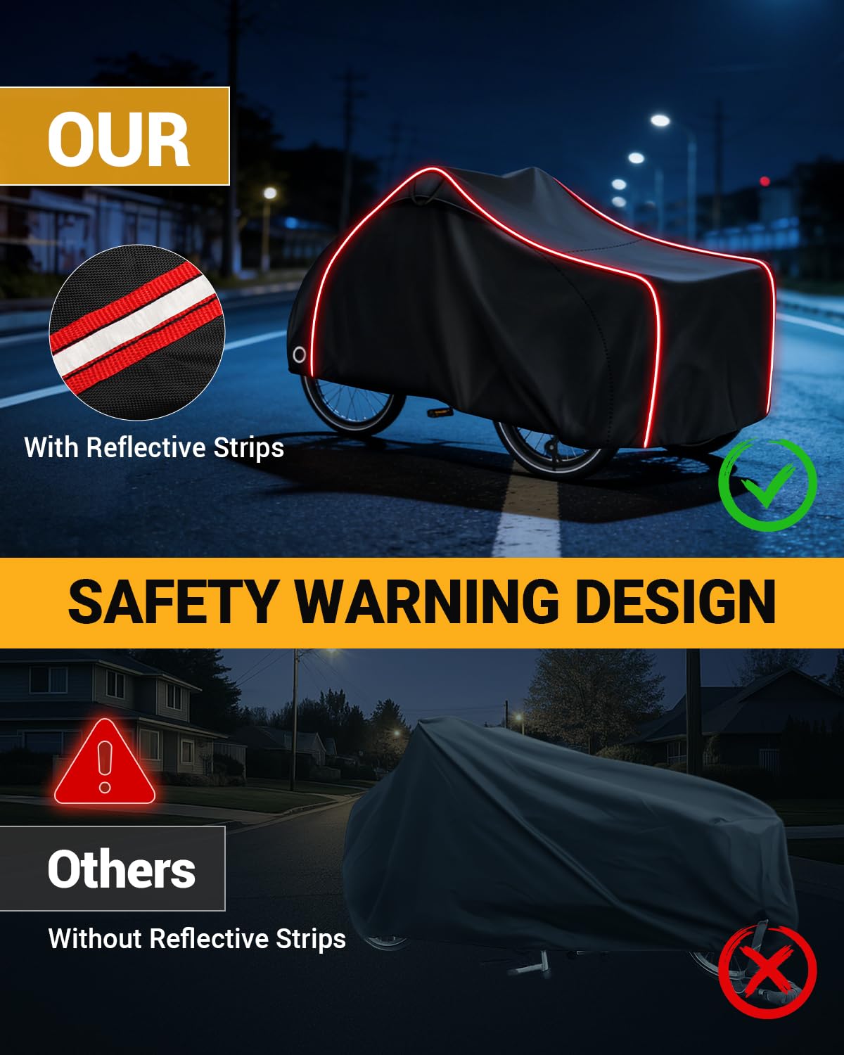Copri Bici Cargo Copertura per Bicicletta Cargo Telo Copri Bicicletta da Esterno con Strisce Riflettenti 420D Oxford Protezione UV per Bici da Carico a 3 Ruote 258 x 105 x 125cm
