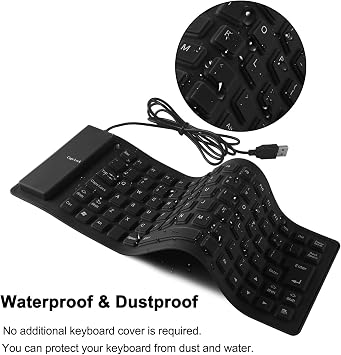 Folding Silicone Keyboard - Wired, Pocket Size, Slim, Flexible, Roll-up, USB, Waterproof, Dustproof, Travel Portable, 85 Keys, Soft Touch for Laptop, PC, Desktop, Tablet, Notebook (Black)