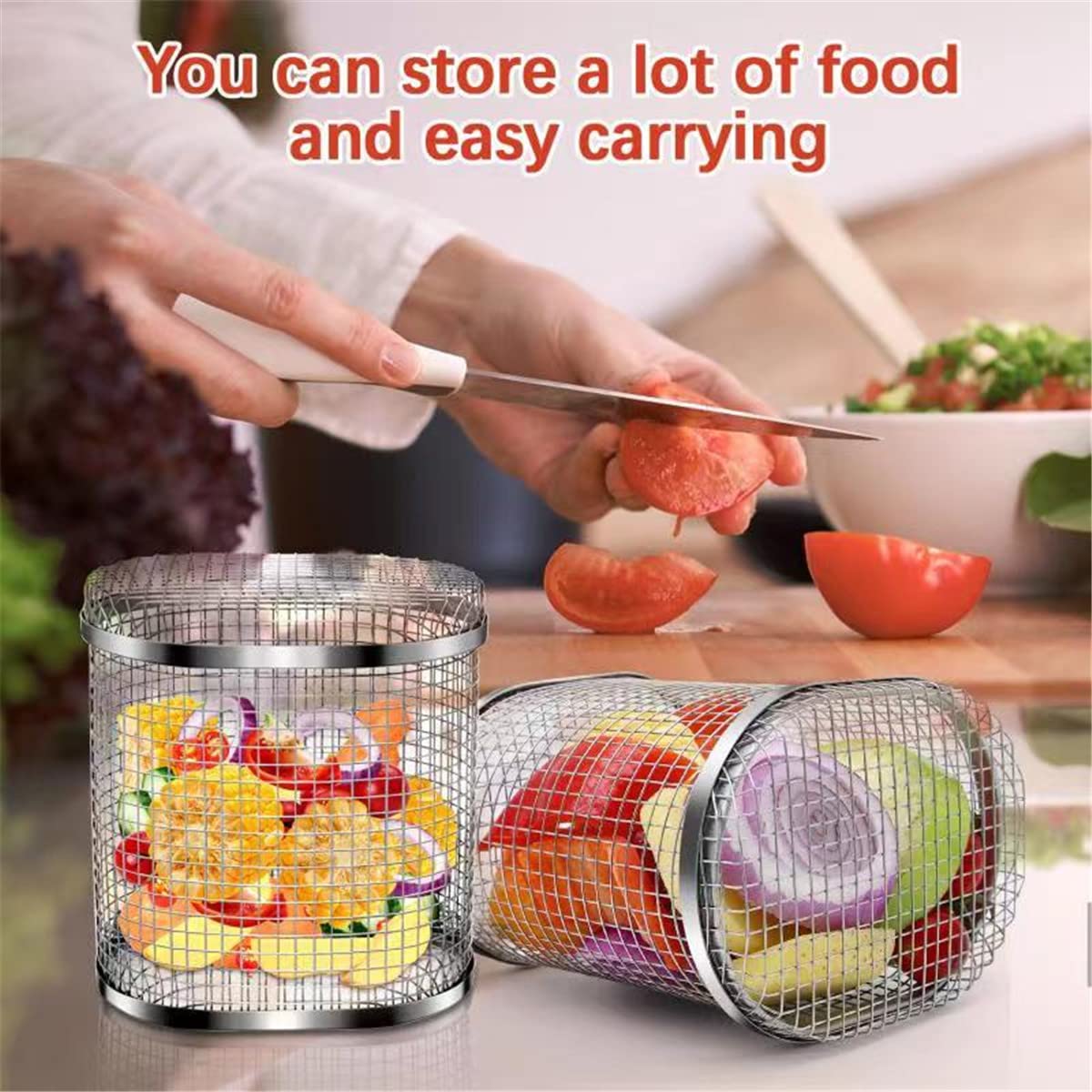 2 Pcs Rolling Grill Basket - Stainless Steel Camping BBQ Rack,BBQ Vegetable Slices Basket,Grill Basket Camping Grill for Vegetables, Fish and French Fries. (2)