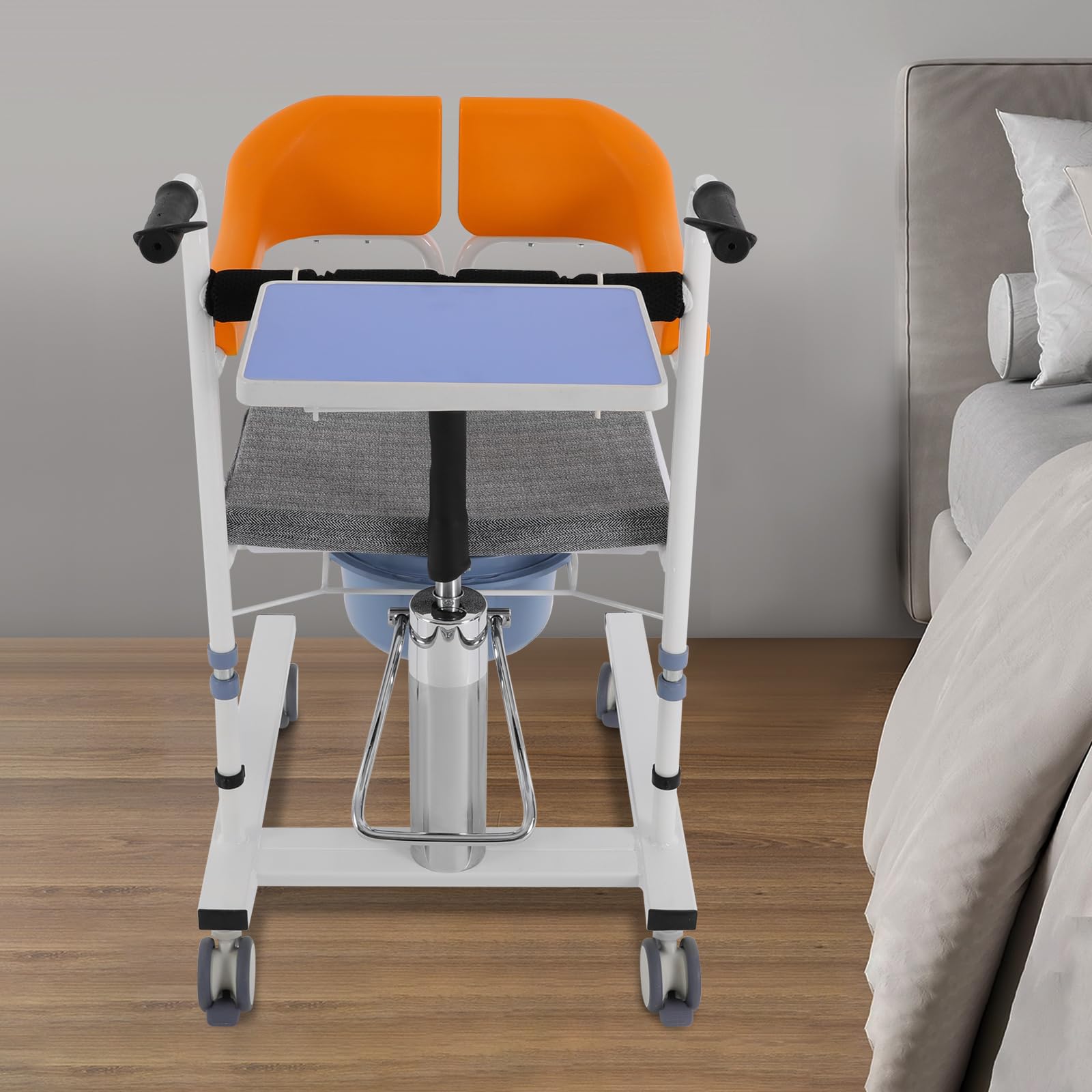 Sollevatore idraulico per pazienti con quattro ruote in TPE, per anziani con ruote, capacità di carico 100 kg, con secchio in ABS, maniglie antiscivolo, schienale rimovibile (arancione)
