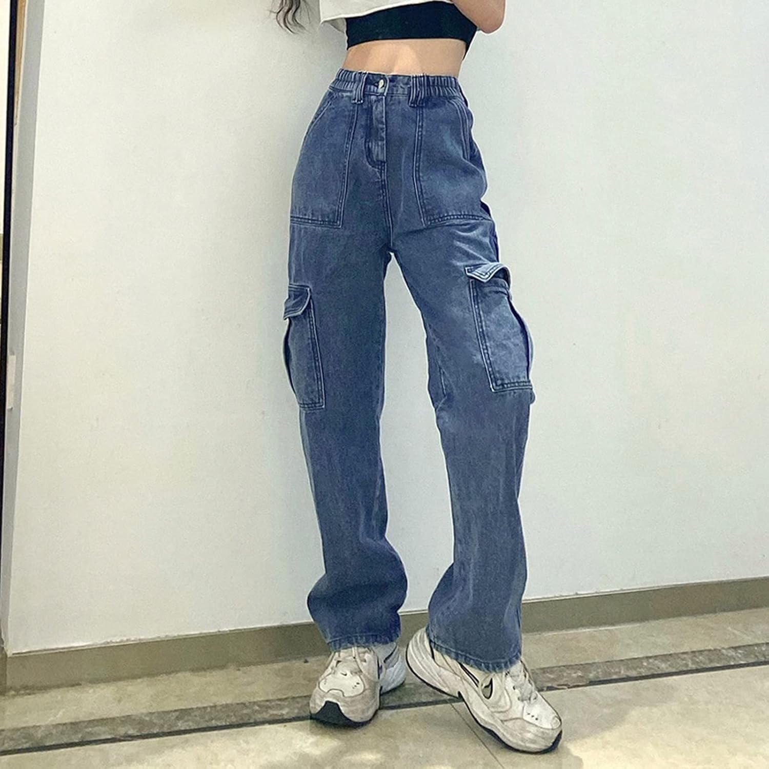 MuziZy Y2K Baggy Jeans voor dames, vintage ster, patchwork, hoge taille, rechte pijpen, Emo Grunge denim broek met zakken, Blauw, M MuziZy Y2K Baggy Jeans voor dames, vintage ster, patchwork, hoge taille, rechte pijpen, Emo Grunge denim broek met zakken, Blauw, M