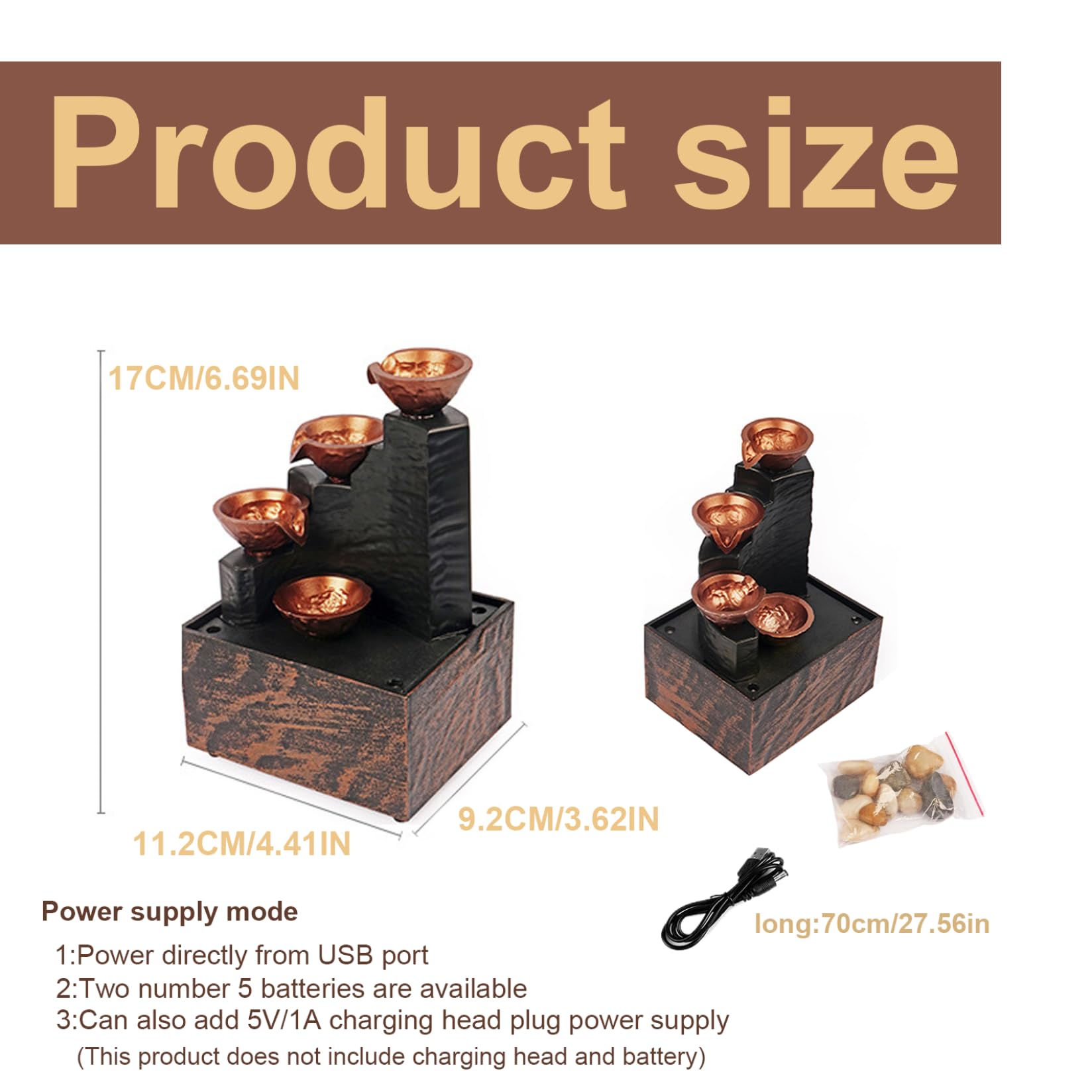 Fontana D'Acqua Da Tavolo Con Luci - 6,7x4,4x3,6 Pollici, USB/Batteria, Con Ciottoli E Suono Rilassante