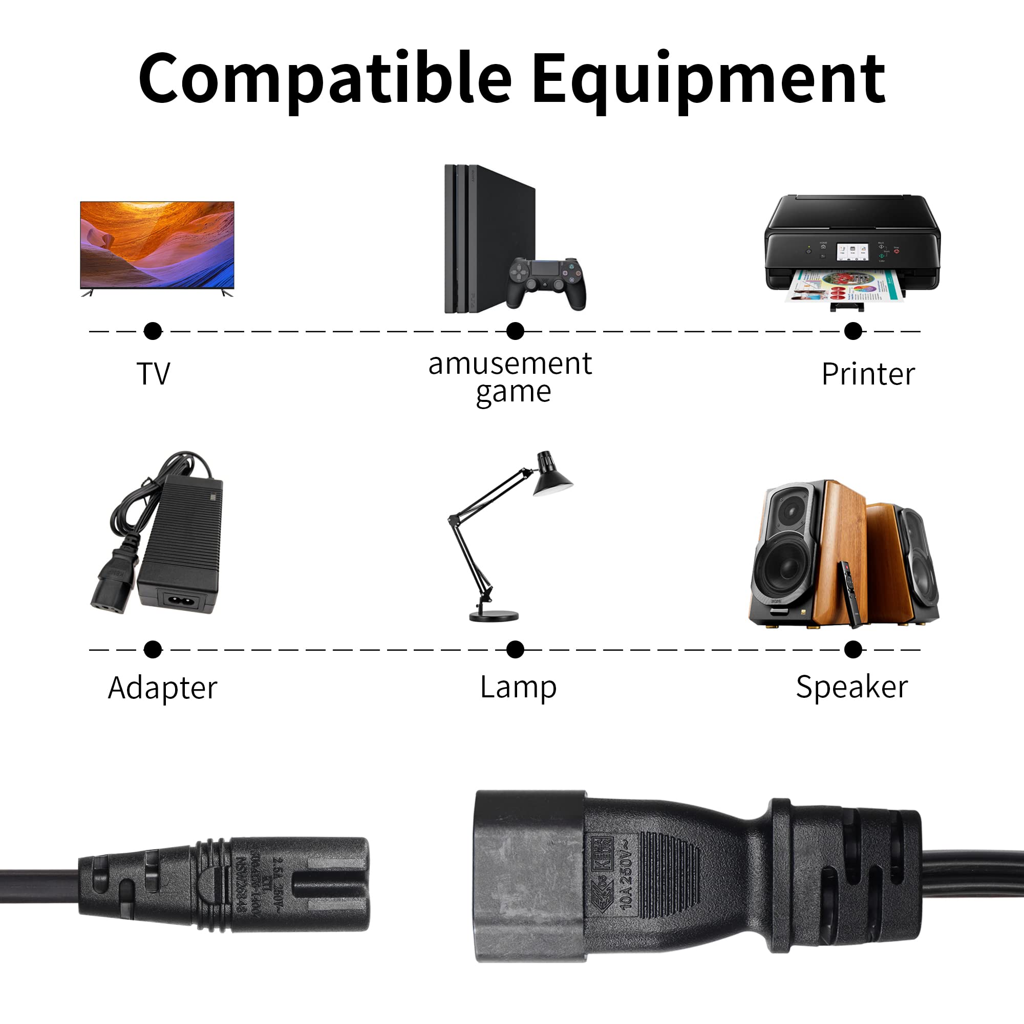 MEIRIYFA Cable de alimentación IEC 320 C14 a Dual C7, cable de alimentación IEC320 C14 macho a doble C7 hembra adaptador de corriente para monitor, impresora, escáner, etc. (negro, 30 cm