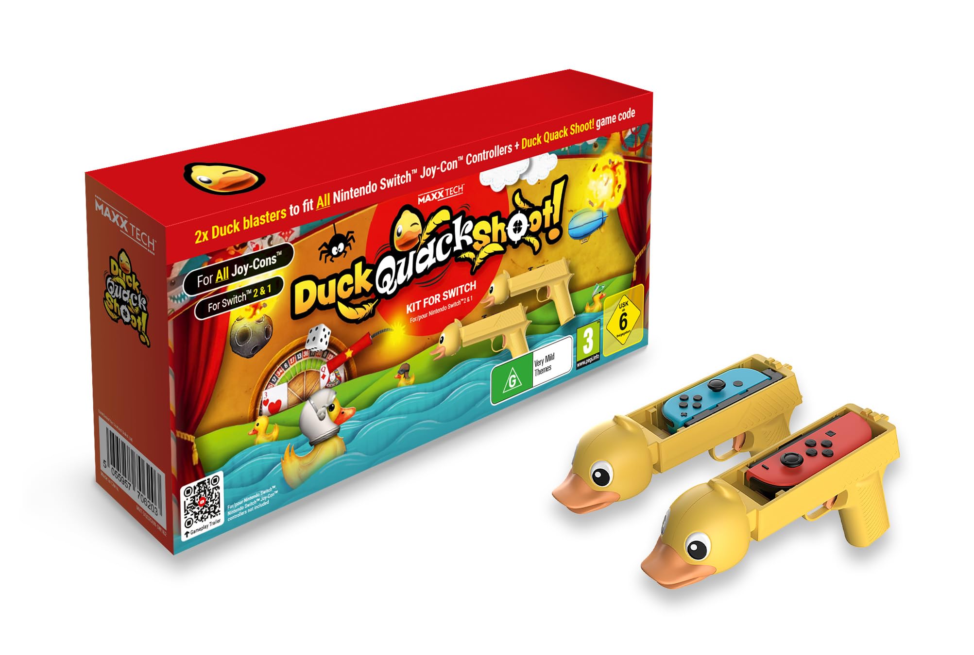 Maxx Tech Duck, Quack, Shoot! Kit for Switch 2&1- Includes Downloadable Switch Code in Box game plus 2 Quacking Themed Duck Blasters! Compatible with Nintendo Switch 2 & 1! For All Joy-​Cons!