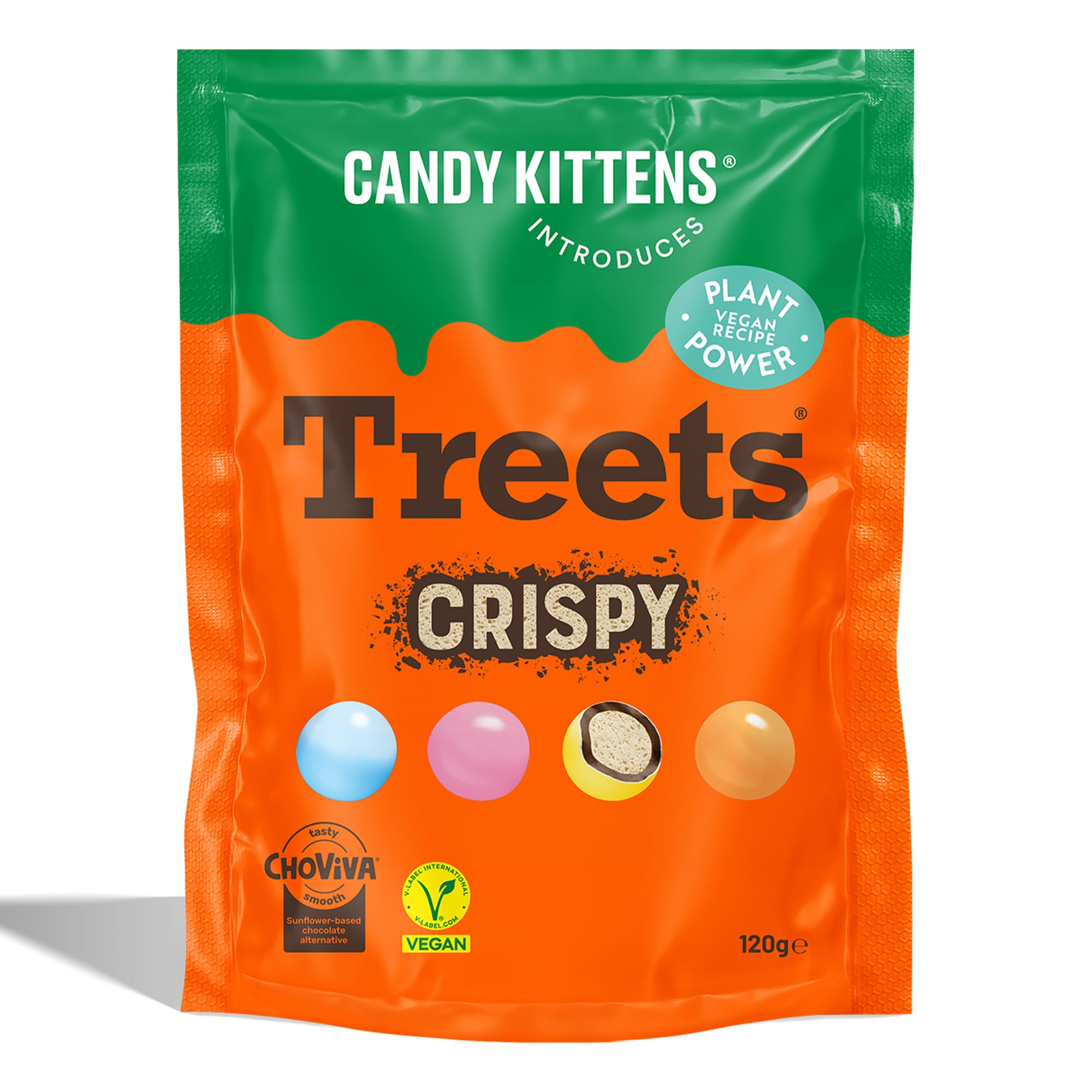 Candy Kittens Introduces - Treets, Rice Crispy - Plant-Based Vegan Chocolate Crunchy Snack, Ideal for Sweet Hampers or Pick & Mix, Vegan Sweets Made with Cocoa-Free Choviva Shell - 120g, Pack of 1