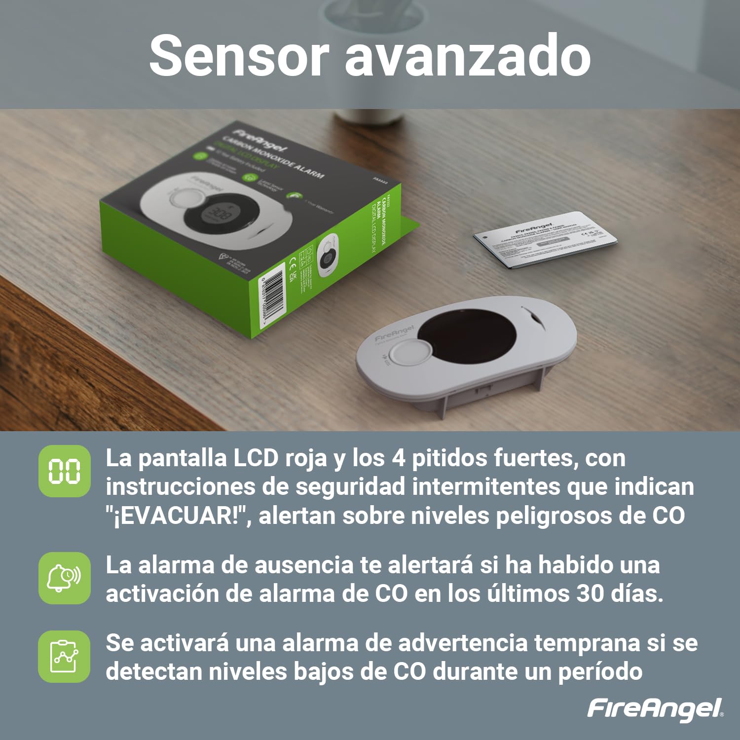 FireAngel Detector de Monóxido de Carbono Digital con Batería Sellada de 10 Años de Duración FA3322 - Alarma de CO, Humedad y Temperatura Portátil