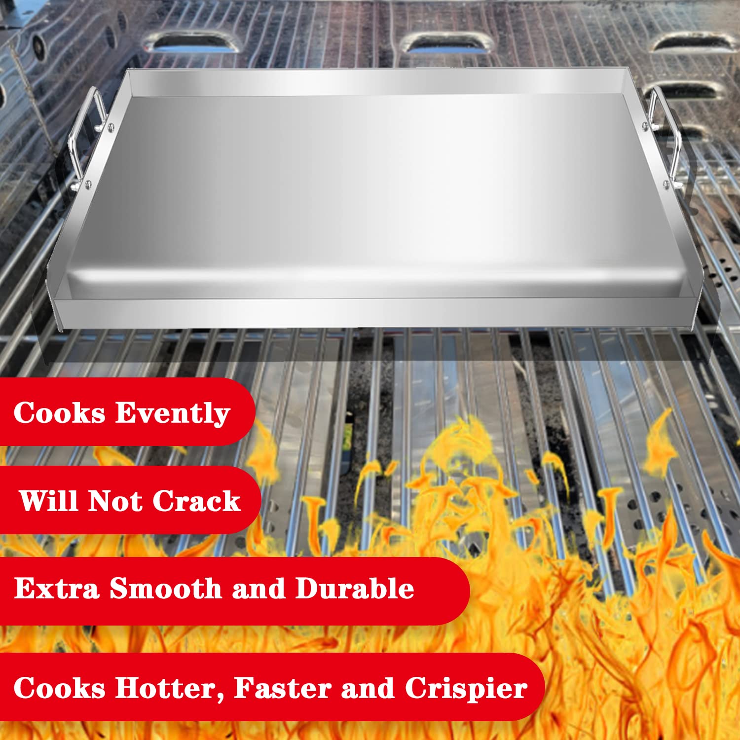 Uniflasy 304 Stainless Steel Griddle for Gas Grill, 25"x16” Griddle Plate Insert for Charcoal Grill with Even Heating Bracing, Gas Grill Large Flat Griddle Top Plate for Camping & Tailgating Grilling