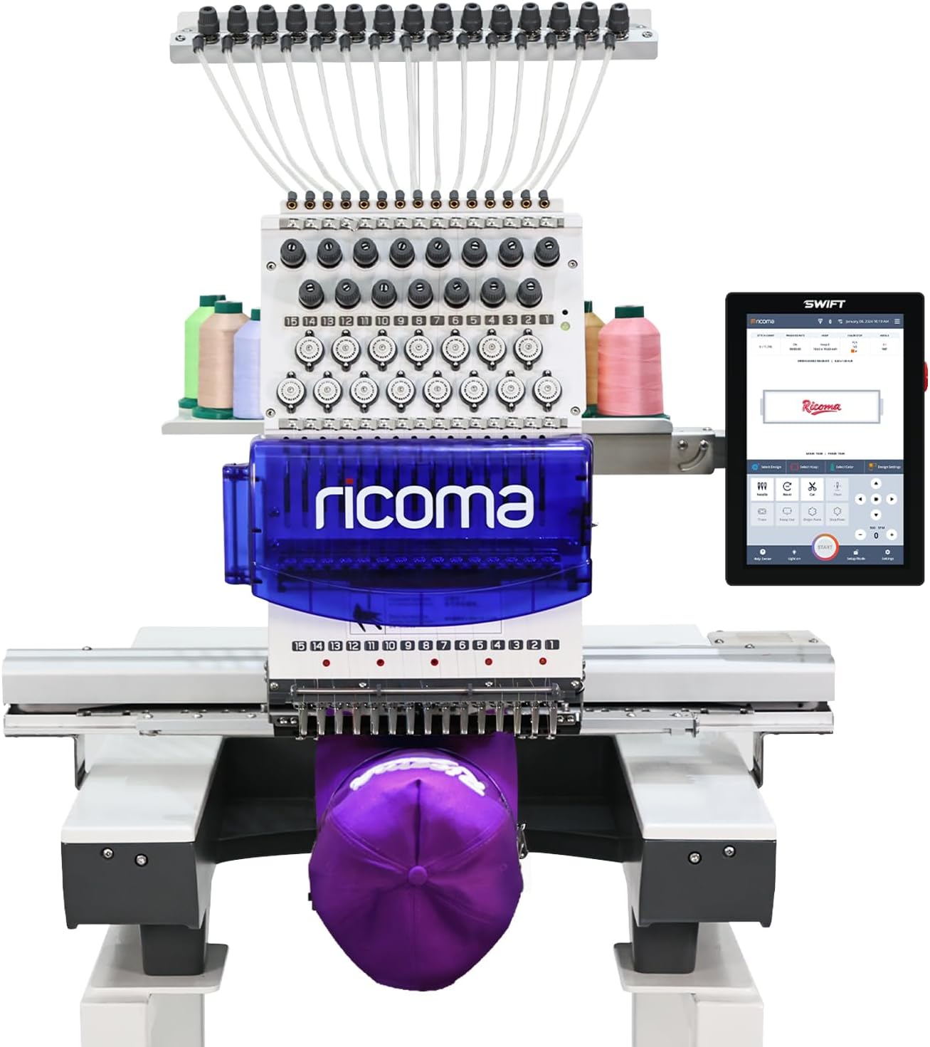 Ricoma Swift 1501 15-Needle Commercial Embroidery Machine, 20.5"x13.8" Large Embroidery Area, 1200SPM Max Speed, 10.1" Touchscreen, Wi-Fi/USB, 3D Cap & Flat Clothing Embroidery for Business