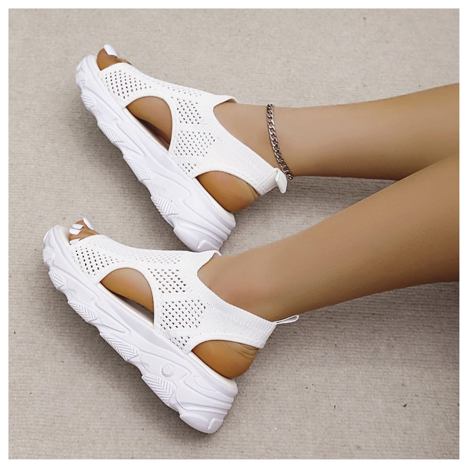 Drimee Women's White Washable Slingback Orthopedic Slide Sport Sandals Mesh Platform Stretch Sandals Soft Sole Peep Toe Casual Sports Sandals,,Us6/Eu37