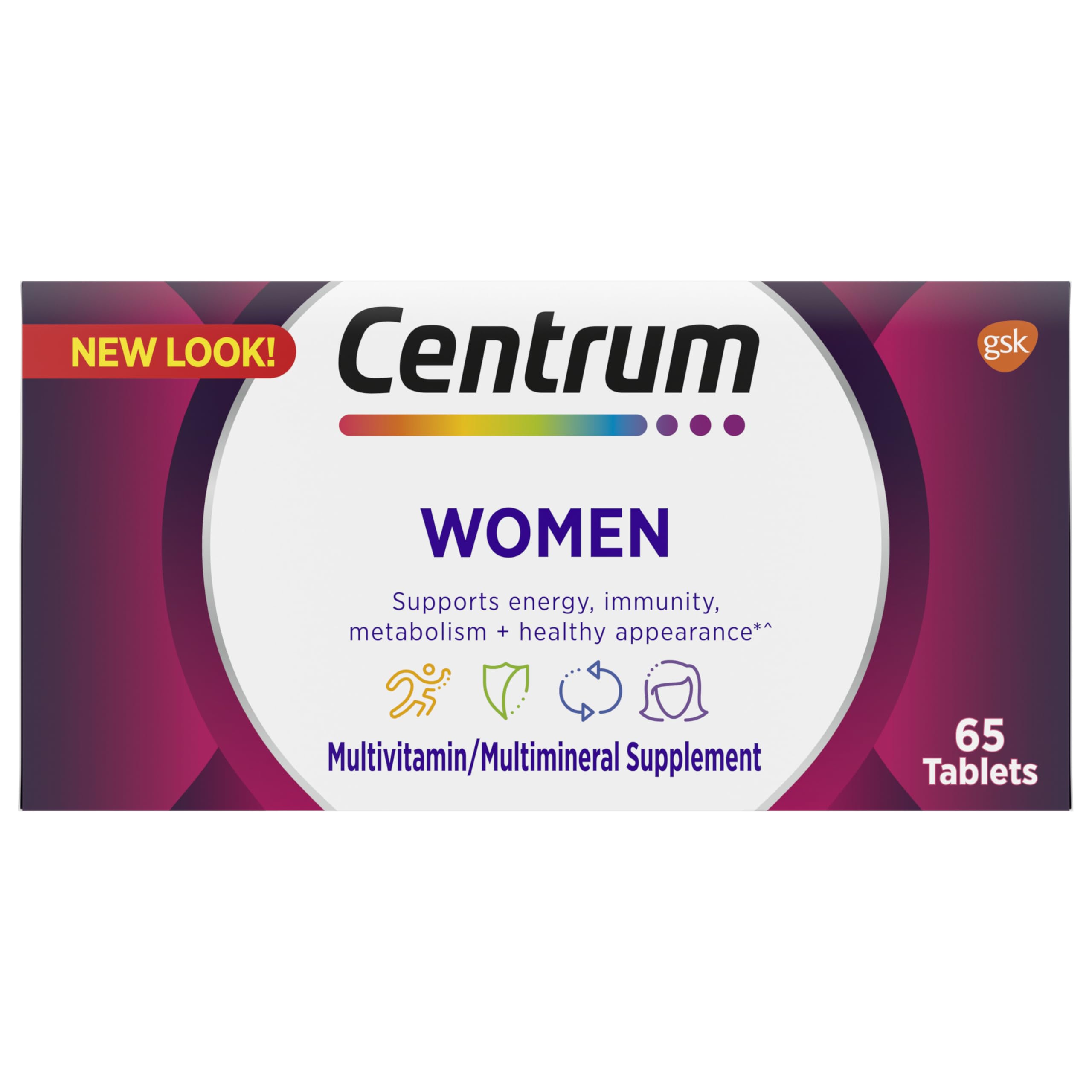 Centrum Multivitamin for Women, Multivitamin/Multimineral Supplement with Iron, Vitamin D3, B Vitamins and Antioxidant Vitamins C and E, Gluten Free, Non-GMO Ingredients - 65 Count