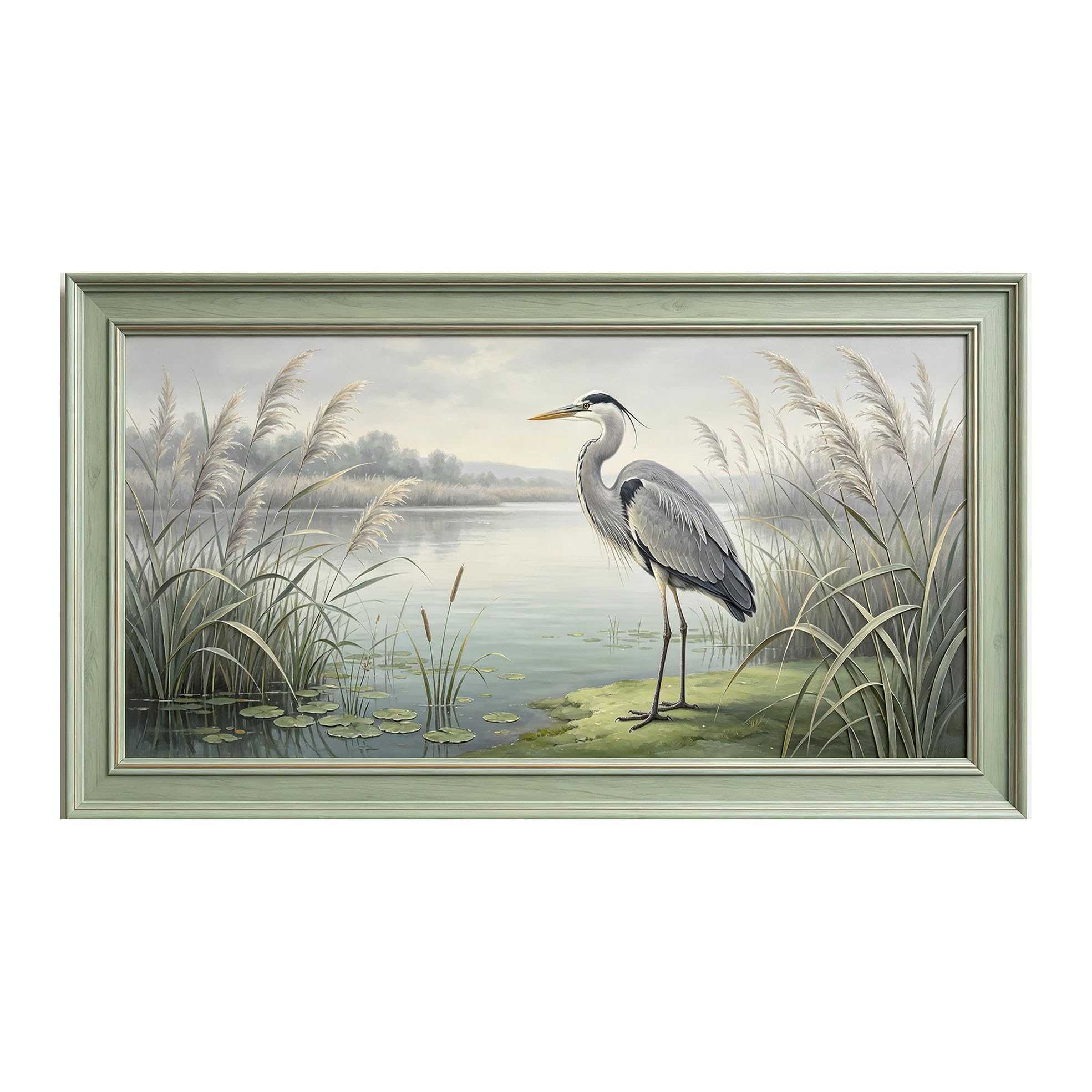 Yzpallescene 3D 3D Framed Wall Art 50cm×90cm Lakeside Heron Landscape Oil Painting Large Size SelfAdhesive Removable Wall Decor Prints Artwork for Living Room Bedroom Office