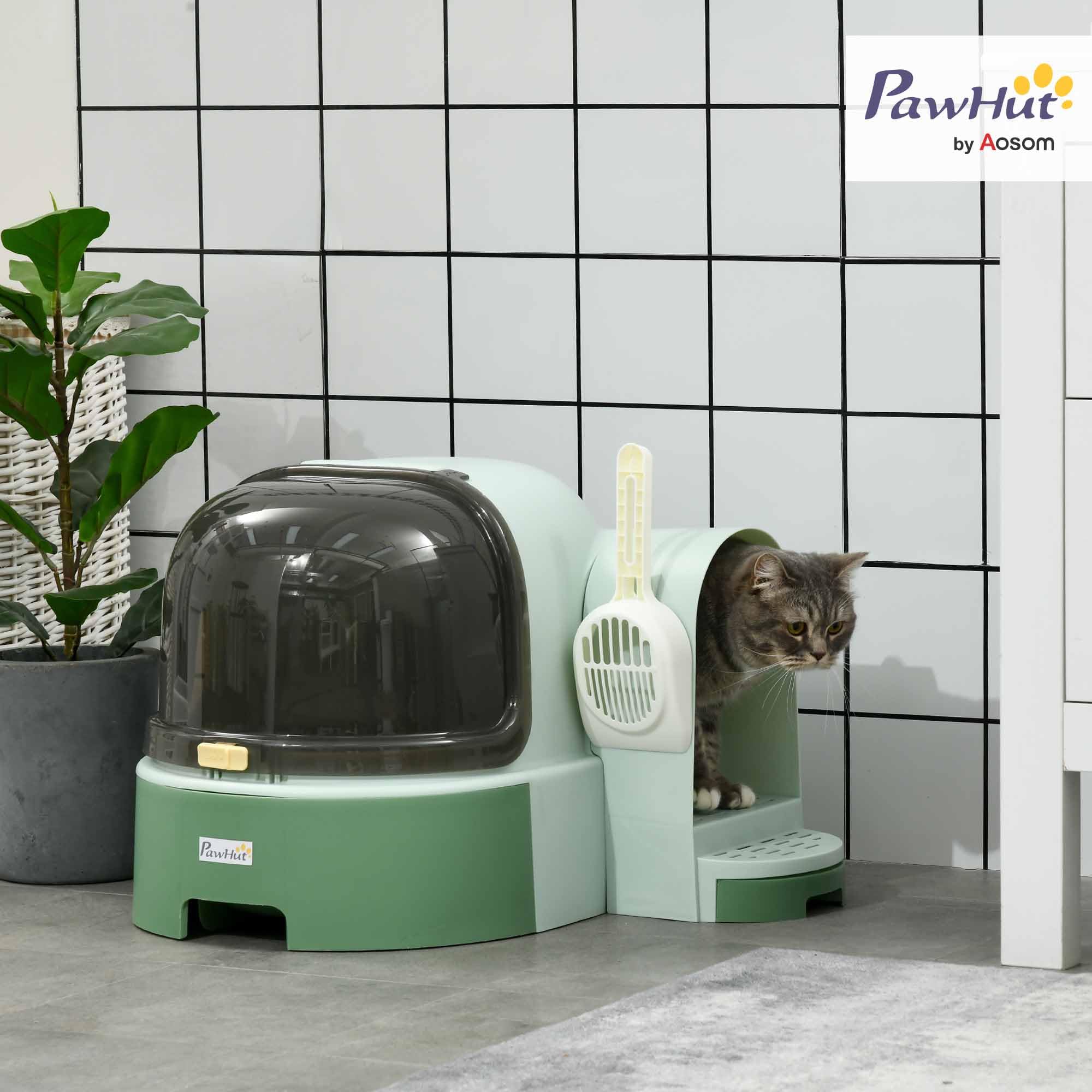 PawHut Arenero para Gatos con Cubierto Caja de Arena para Gatos en Forma de Cápsula Espacial con 2 Bandejas Extraíbles y Pala 52x60x42 cm Verde