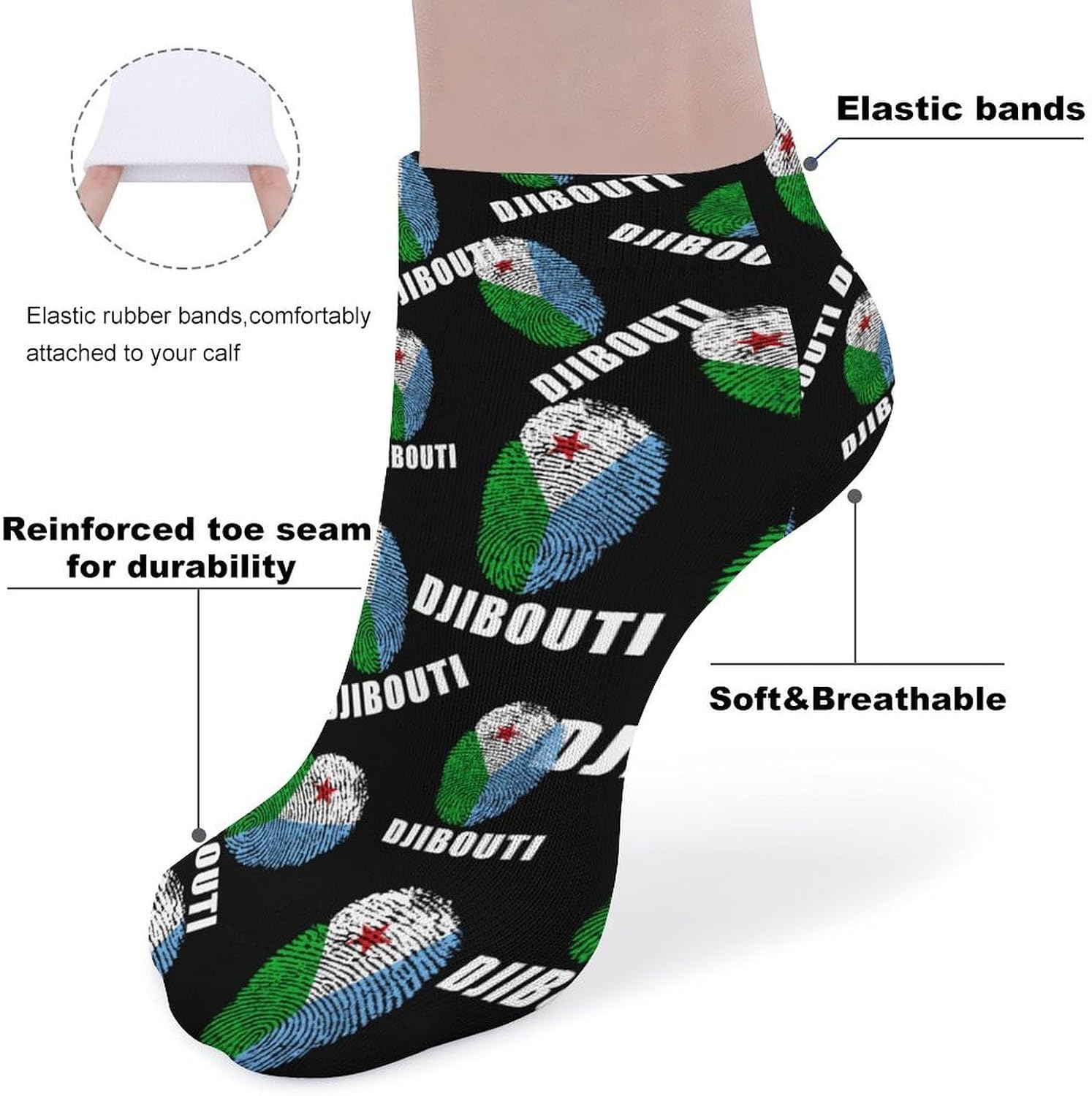 Djibouti Djiboutian Flag No Show Ankle Socks Low Cut Non Slip Flat Boat Line 5 Pairs Set