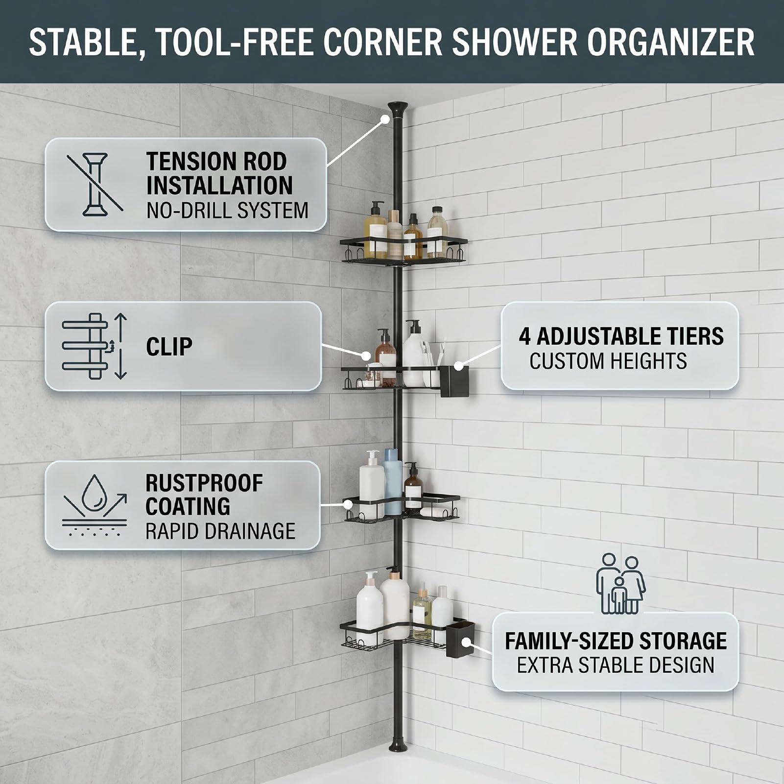 Estante de Ducha de Esquina con Barra de Tensión de 4 Niveles, sin Taladro, Organizador de Almacenamiento de Baño, Acero Inoxidable Inoxidable con Barra Ajustable