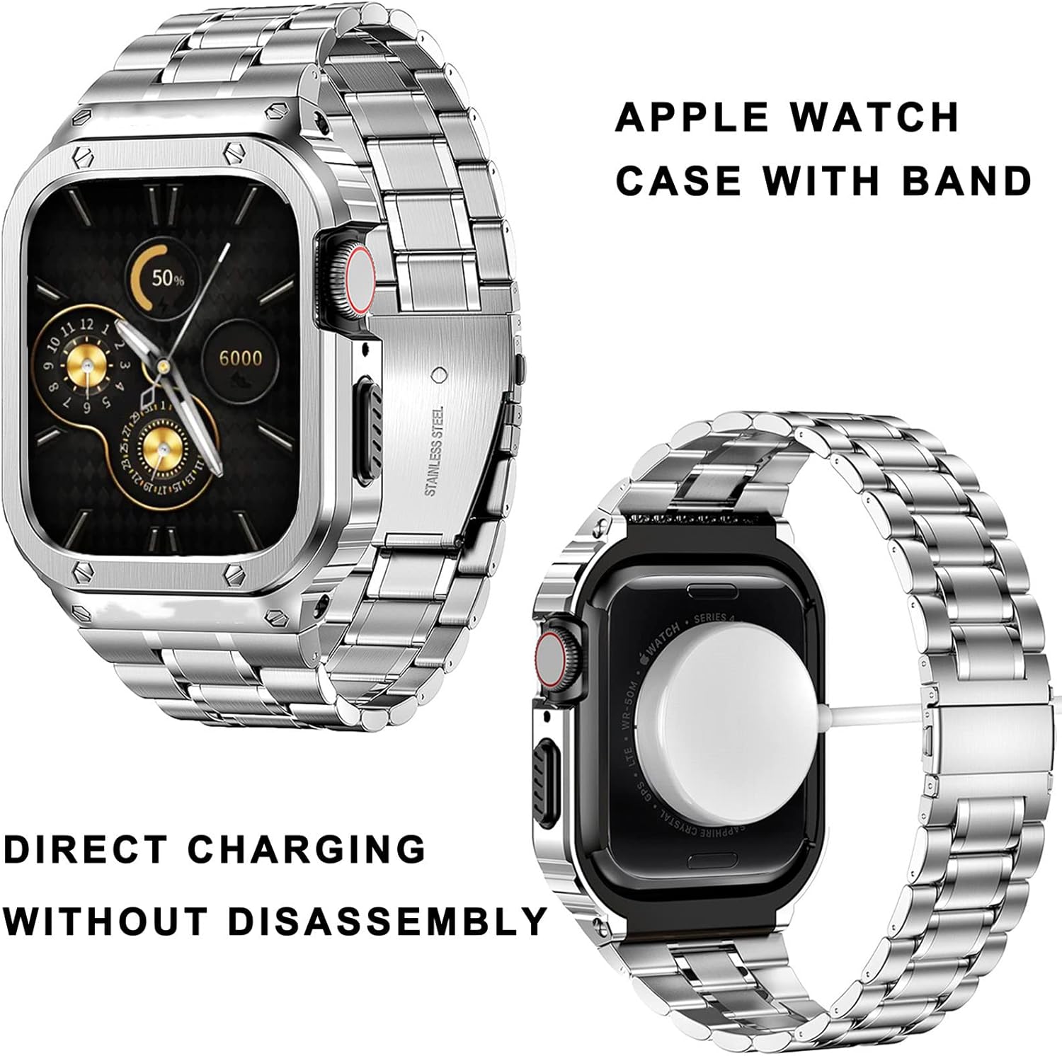 HASLFM Stainless Steel Watch Band with Case Compatible with Apple Watch Series 9 8 7(45mm),Metal Strap and Rugged Protective Cover for iWatch Bands Cases Men, Silver - Image 3