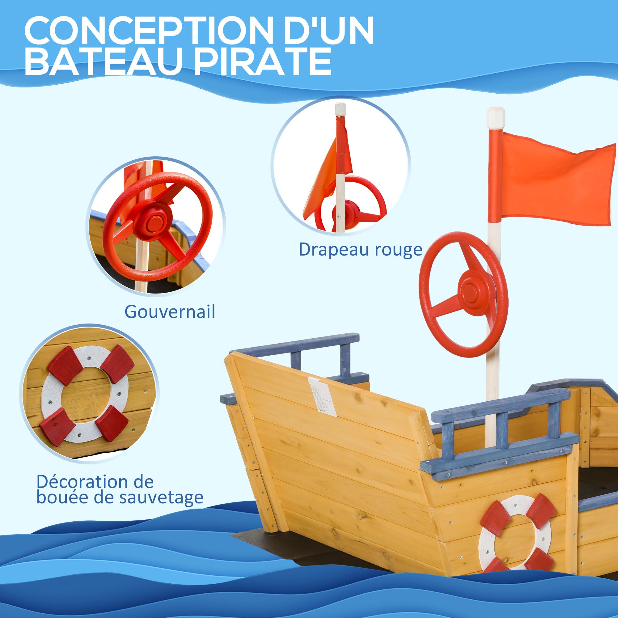 Outsunny Bac à Sable Enfant Bateau Pirate avec Rangement en Bois de Sapin | Gouvernail, drapeau rouge, 2 marches, tissu non tissé, jaune