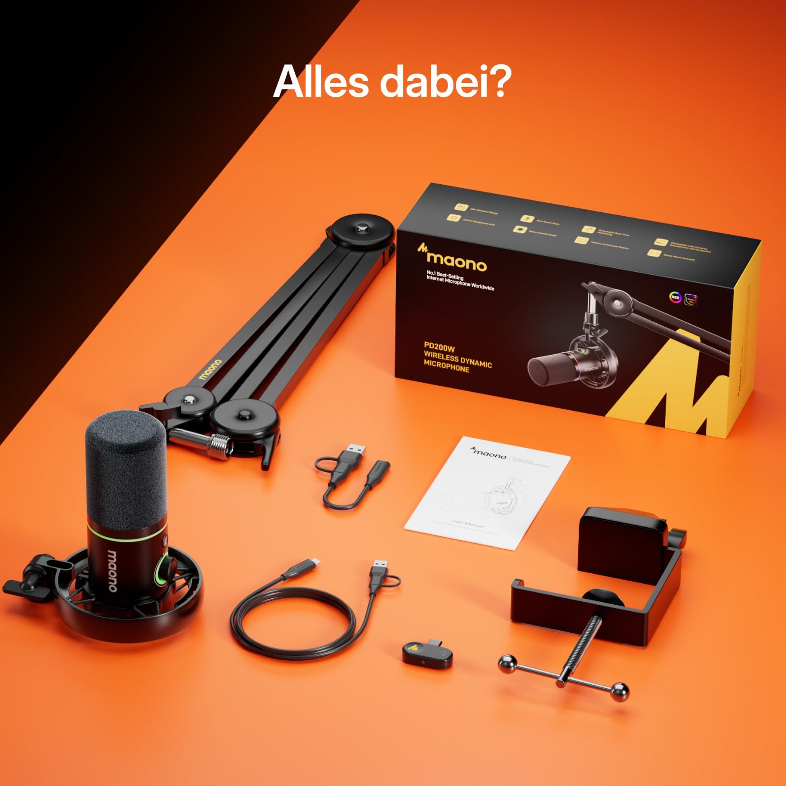 MAONO PD200W Hybrid Wireless Podcast Mikrofon für PC, XLR-USB-Dynamische Mikrofon-Set mit Arm, Software, Geräuschunterdrückung, für Aufnahmen, Streaming, Inhaltserstellung, Heimstudio, Voiceover
