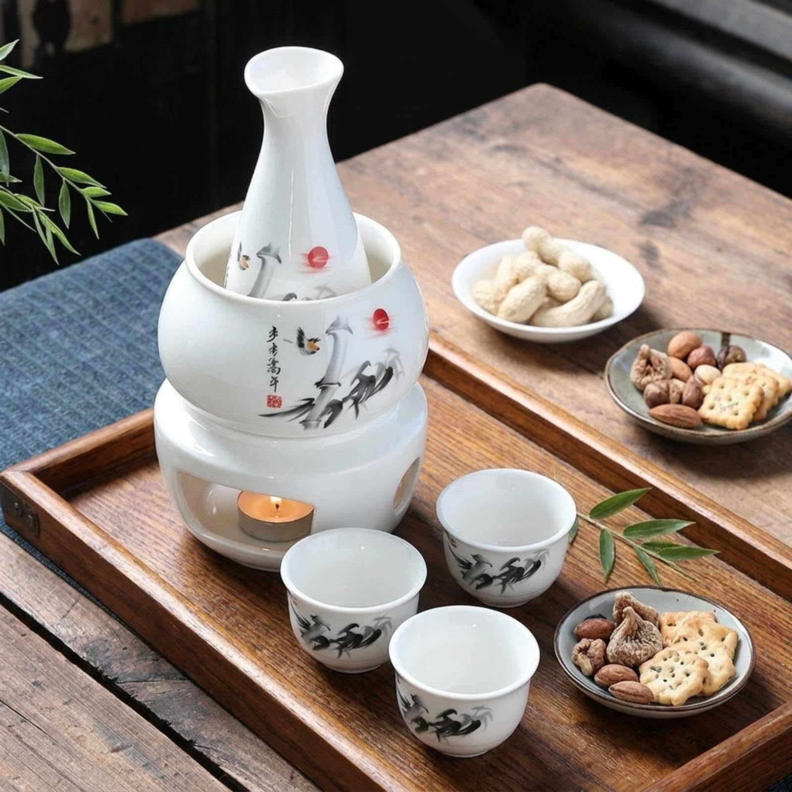 7 Teiliges Japanisches Sake Set mit Bechern Und Flasche Zum Erwärmen Und Servieren von Getränken, Traditioneller Stil, Ideal für.., A