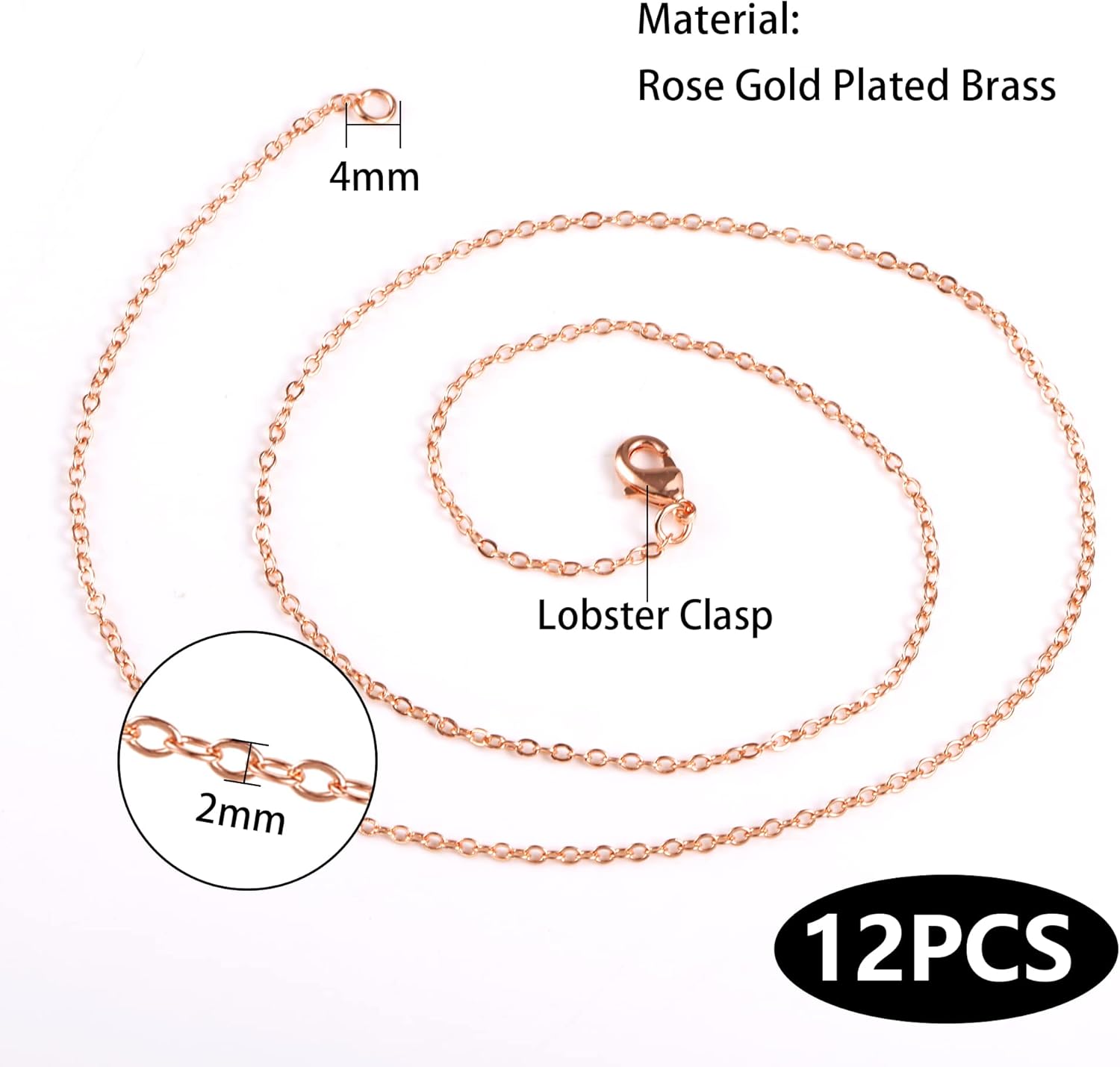 ALEXCRAFT Wholesale 12PCS Rose Gold Plated Solid Brass Chain Hypoallergenic Flat Cable Chains Link Bulk for Jewelry Making (20"(2.0MM)) - Image 5