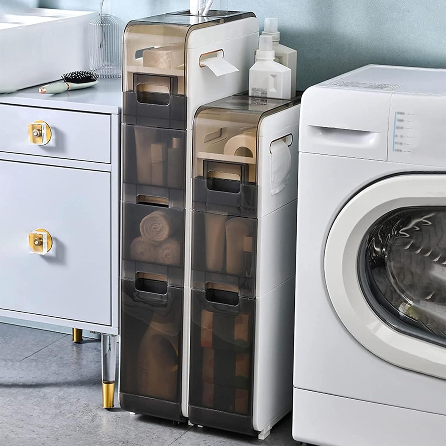 Free Standing Toilet Storage Cabinet Multifunctional with Drawers and Wheels 2tier/3tier4tier Small Bathroom Narrow(3 Layers)