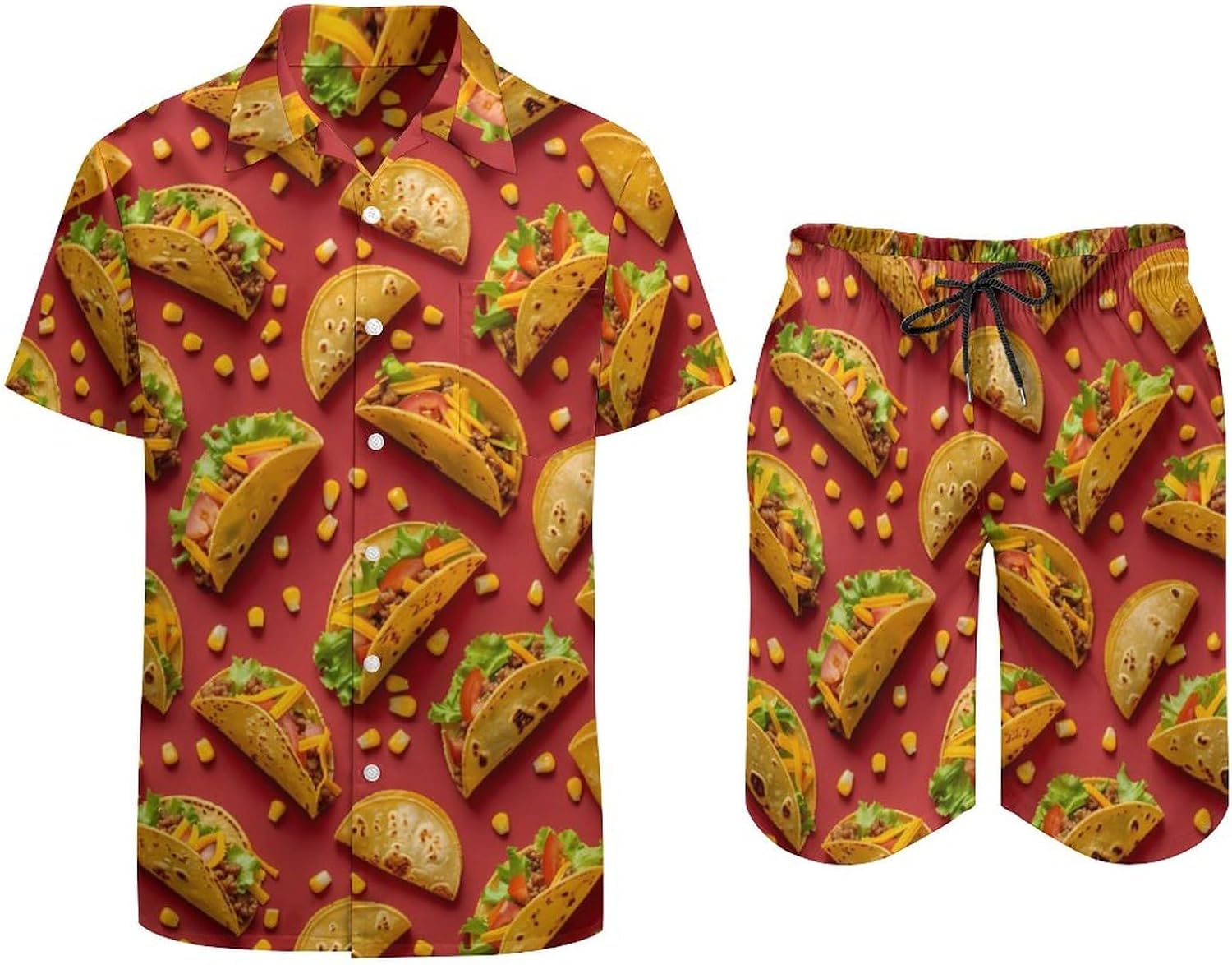 Tacos-Mexican Food Men's Summer Beach Outfits Shirt And Shorts Set 2 Piece Vacation Swimwear