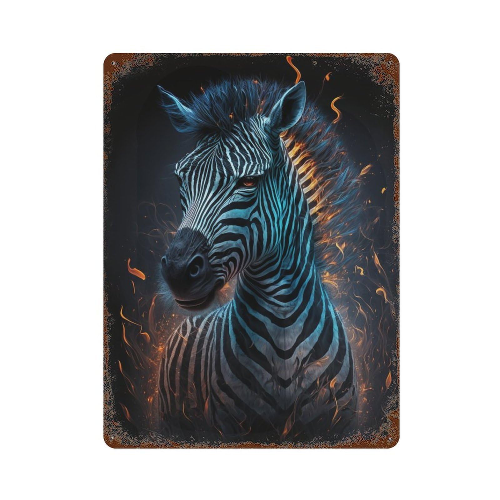 Flaming Zebra Art Print -5 Rustic Tin Plaque 15.7"x11.8", Industrial Home Decor for Pub, Kitchen And Man Cave Decor