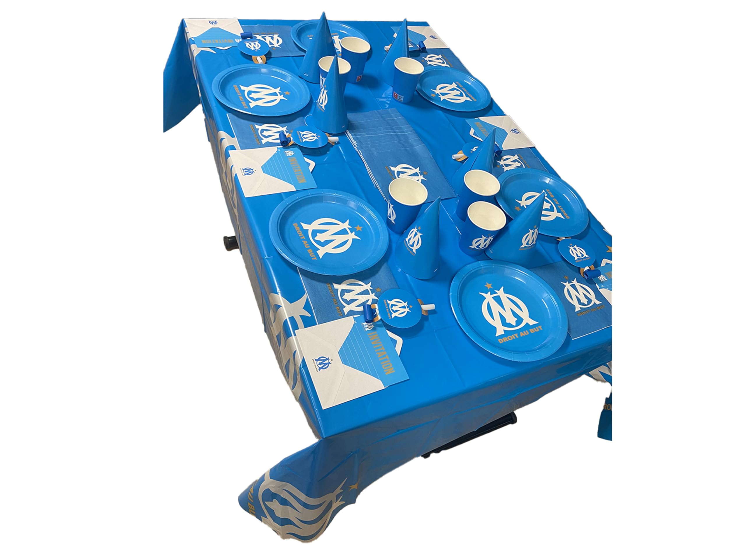 OLYMPIQUE DE MARSEILLE Pack 51 pièces : Nappe 130 x 180 cm + 6 Gobelets + 6 Assiettes + 20 Serviettes + 6 Chapeaux + 6 Sifflets + 6 Cartes d'Invitation - Collection Officielle