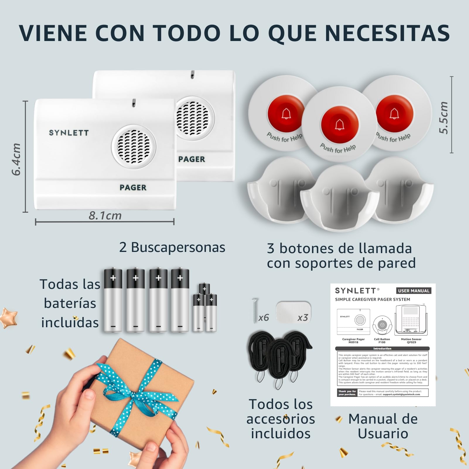 2 Buscapersonas Cuidador con 3 Botones de Llamada inalámbricos | Sistema inalámbrico para personas mayores, pacientes y cuidadores con varios puntos de llamada