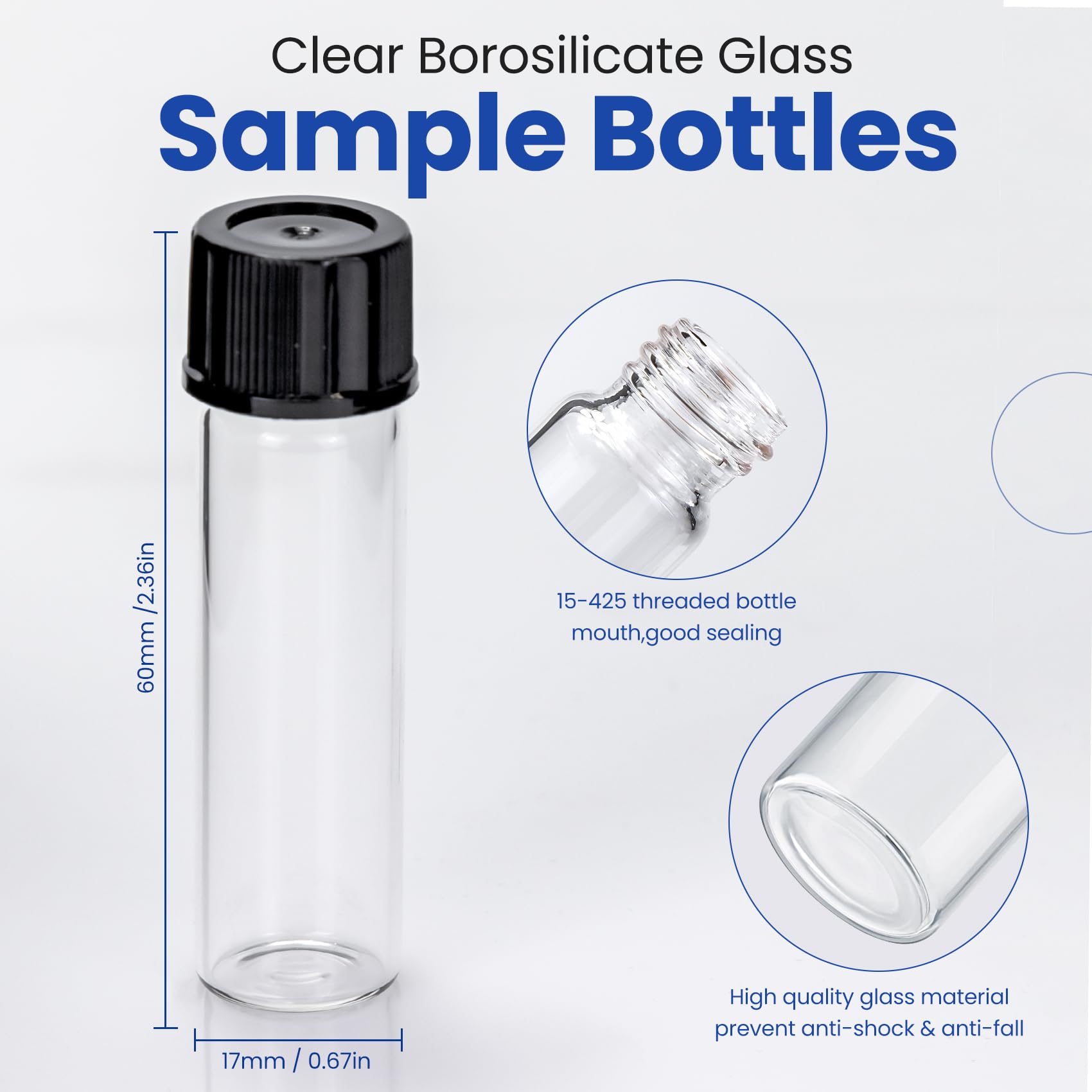 ALWSCI - Frascos de vidrio transparente de 8 ml con tapones de rosca, 15-425 roscas de PTFE/forro de silicona, pequeños frascos vacíos para muestras de líquidos químicos, reactivos biológicos